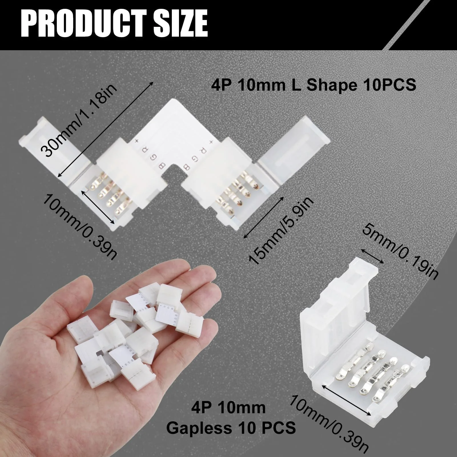 Pack of 20 4-Pin 10 mm LED Connector for SMD 5050 RGB LED Strips, 10 Pieces L-shaped Corner Connector and 10 Pieces LED Strips, Quick Connector, 4-Pin 10 mm RGB Strip Connector Solderless - Image 2