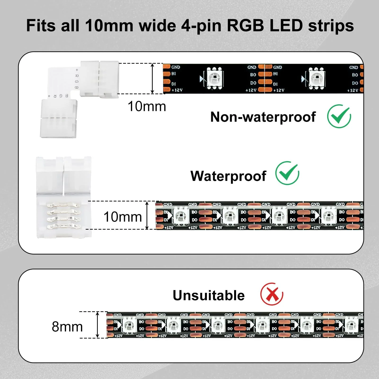 Pack of 20 4-Pin 10 mm LED Connector for SMD 5050 RGB LED Strips, 10 Pieces L-shaped Corner Connector and 10 Pieces LED Strips, Quick Connector, 4-Pin 10 mm RGB Strip Connector Solderless - Image 3