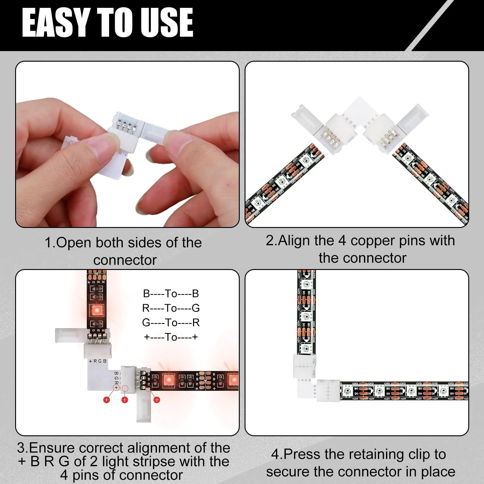 Pack of 20 4-Pin 10 mm LED Connector for SMD 5050 RGB LED Strips, 10 Pieces L-shaped Corner Connector and 10 Pieces LED Strips, Quick Connector, 4-Pin 10 mm RGB Strip Connector Solderless - Image 4
