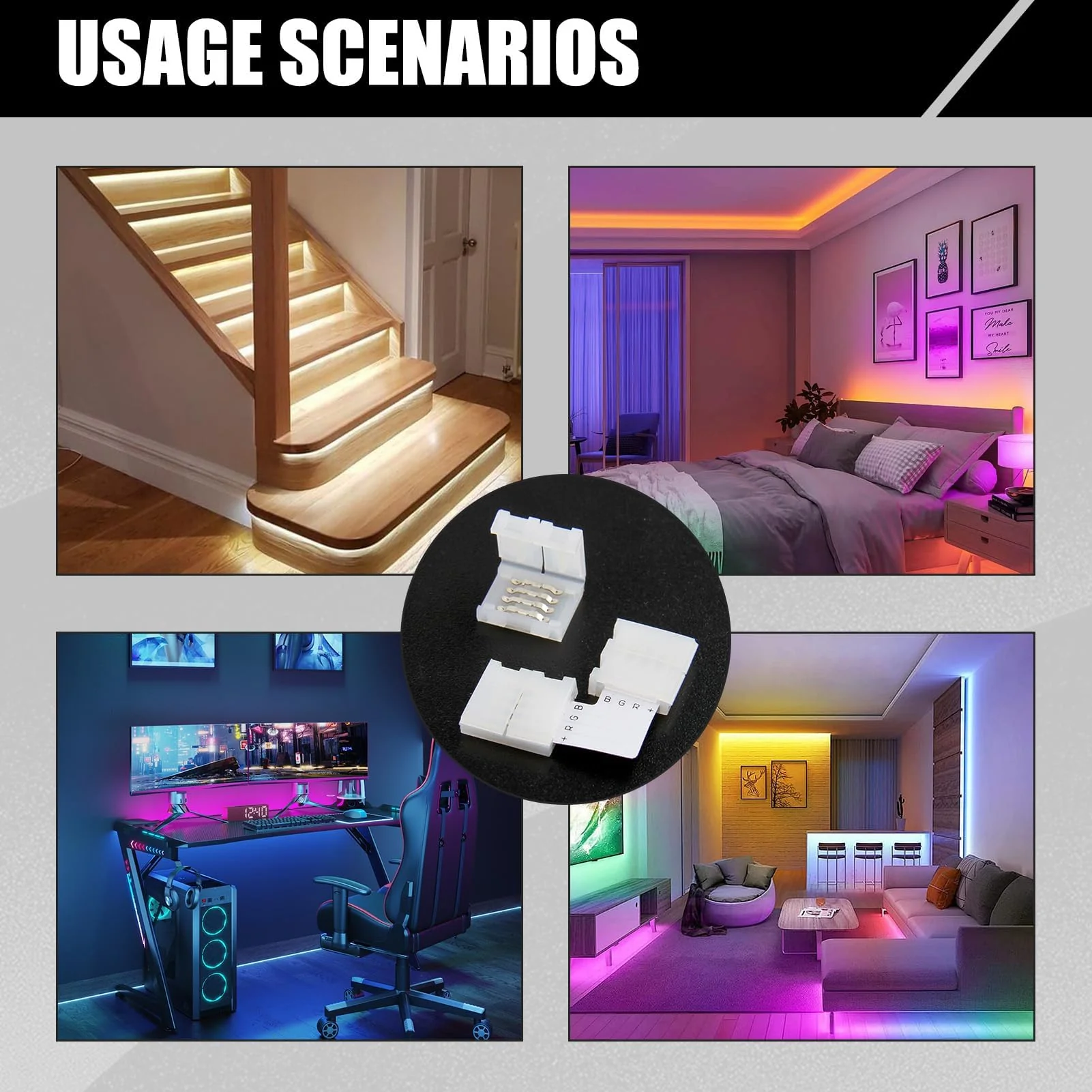 Pack of 20 4-Pin 10 mm LED Connector for SMD 5050 RGB LED Strips, 10 Pieces L-shaped Corner Connector and 10 Pieces LED Strips, Quick Connector, 4-Pin 10 mm RGB Strip Connector Solderless - Image 5
