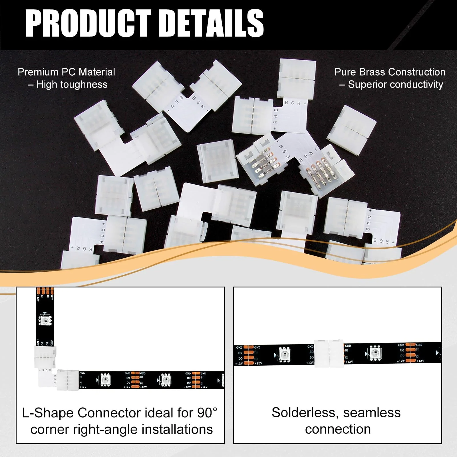 Pack of 20 4-Pin 10 mm LED Connector for SMD 5050 RGB LED Strips, 10 Pieces L-shaped Corner Connector and 10 Pieces LED Strips, Quick Connector, 4-Pin 10 mm RGB Strip Connector Solderless - Image 6