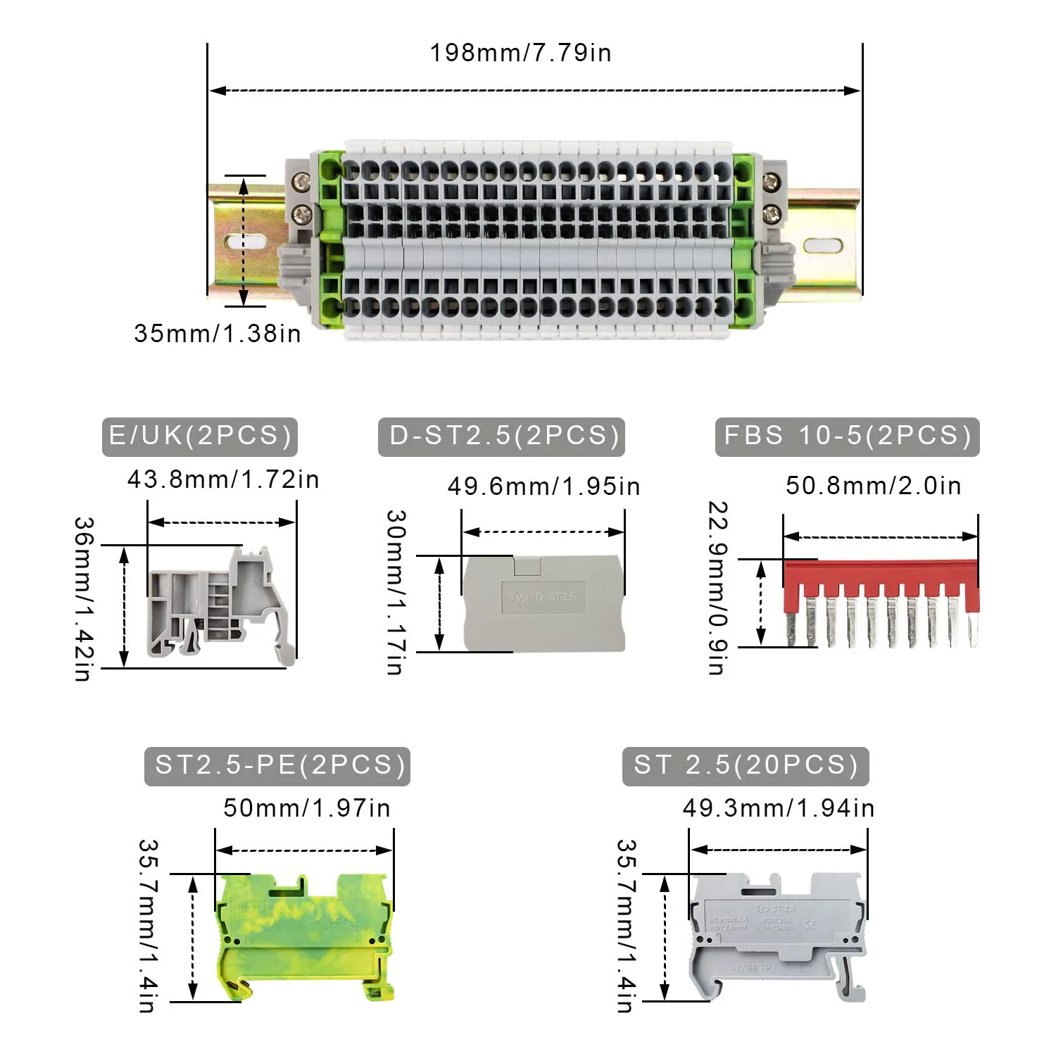 Pack of 20 UK/2.5B DIN Rail for Pluggable Quick Wiring, SRJQXH Clamp Block, DIN Rail, with 20 cm DIN Rail and Earth Clamp, Spring Clamped Wire Clamp Not Loose ST-2.5N - Image 5