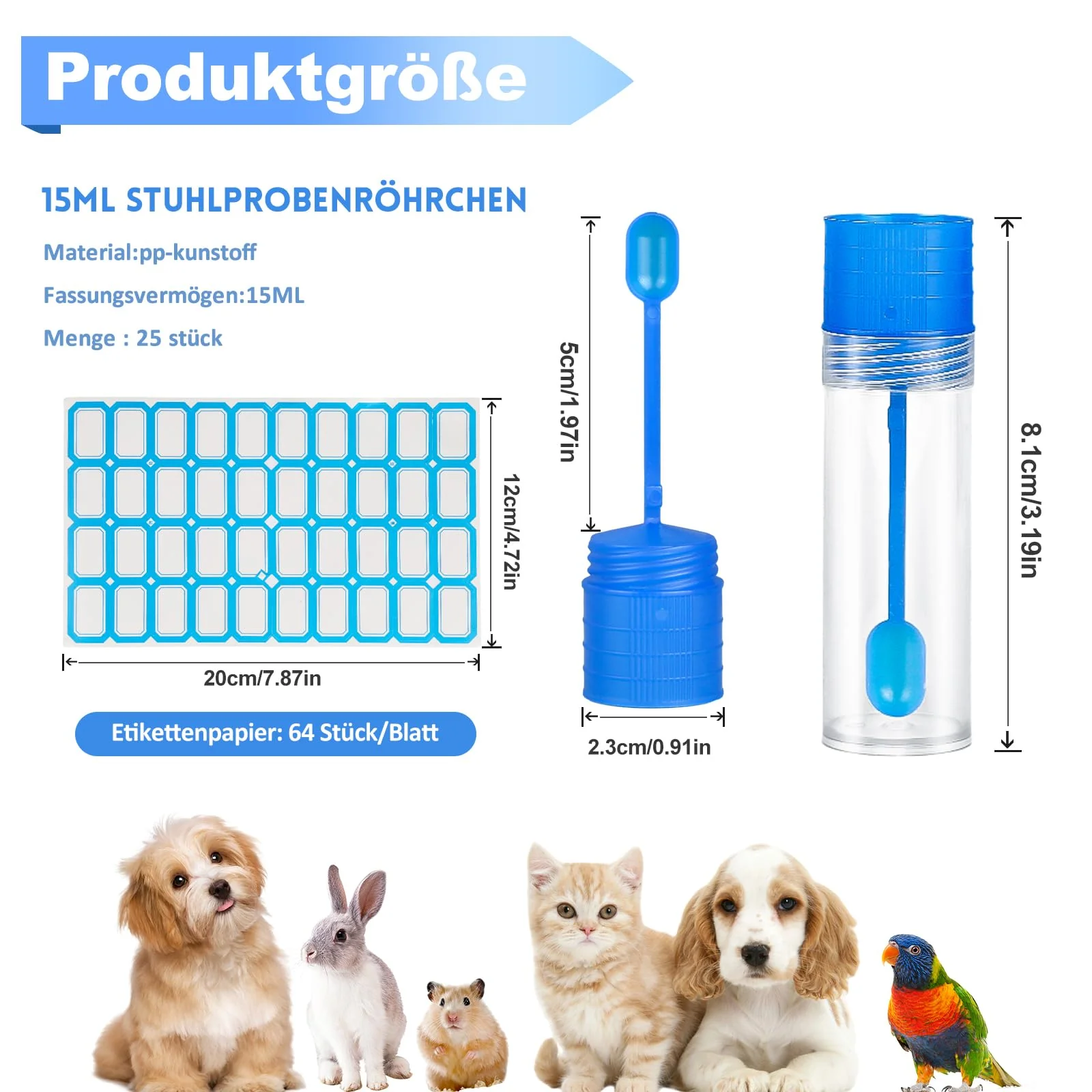 Pack of 25 Chair Sample Tubes, 15 ml Faecal Sample Tube with Spoon and Label Sticker, Cats and Dogs Fecal Sample Tubes Good Sealing, Dog Chair Sample Tube for Pets for Testing Pack of 25 - Image 2