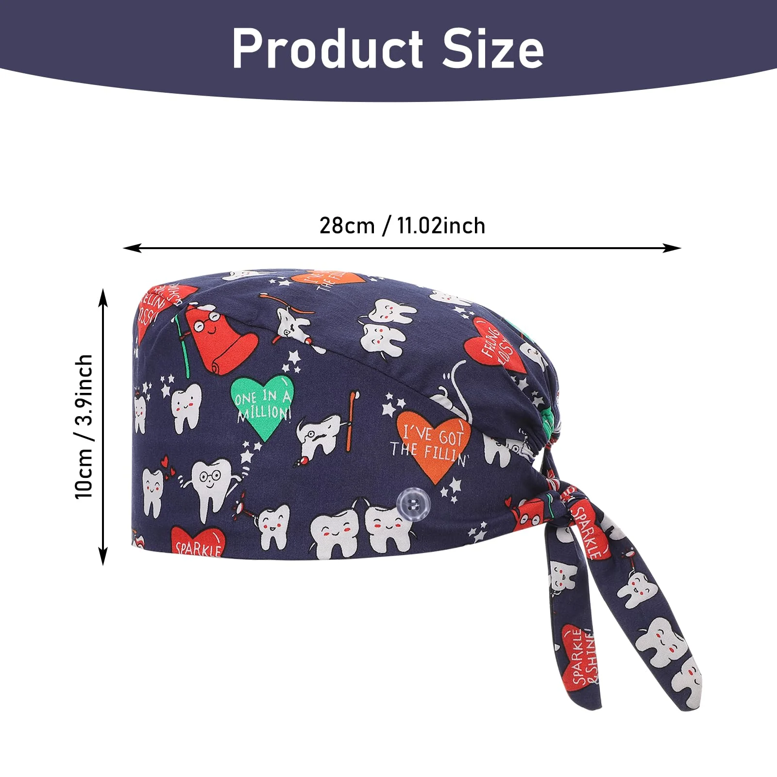 Pack of 3 Adjustable Surgical Cap with Button Work Cap Cotton Print Sick Nurses Cap Unisex Dust Caps, multi-coloured, Unit size cartoon teeth style - Image 2
