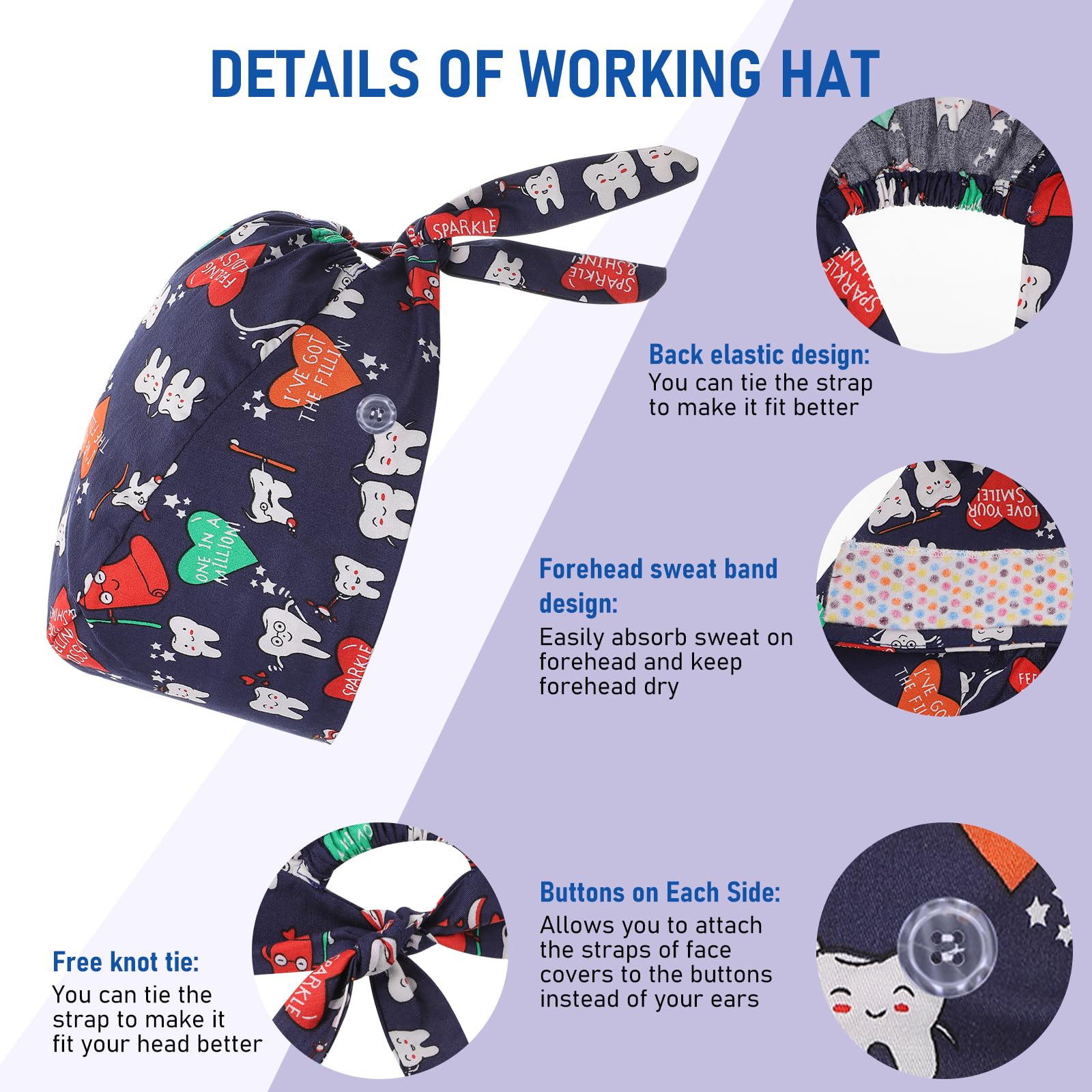 Pack of 3 Adjustable Surgical Cap with Button Work Cap Cotton Print Sick Nurses Cap Unisex Dust Caps, multi-coloured, Unit size cartoon teeth style - Image 3