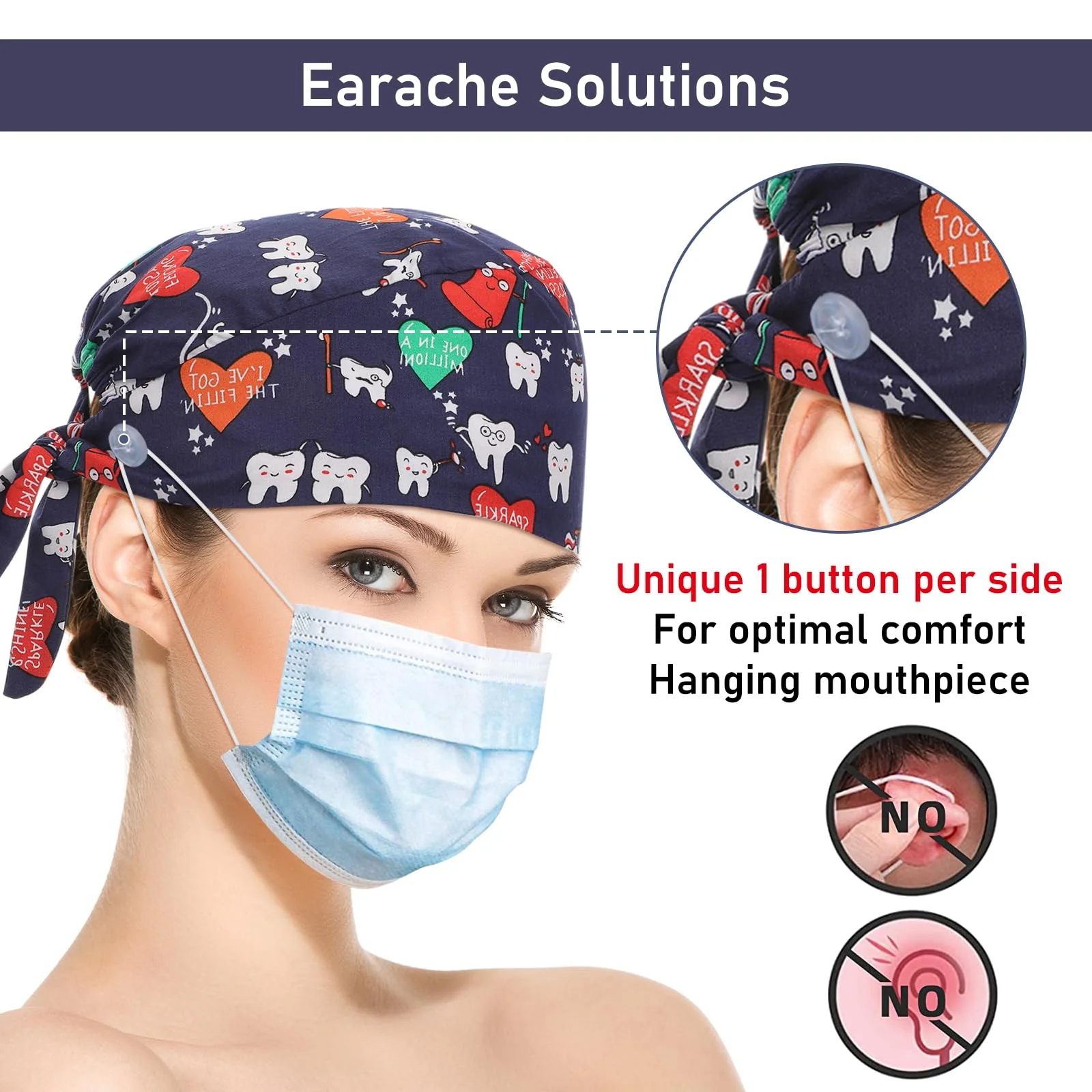 Pack of 3 Adjustable Surgical Cap with Button Work Cap Cotton Print Sick Nurses Cap Unisex Dust Caps, multi-coloured, Unit size cartoon teeth style - Image 4