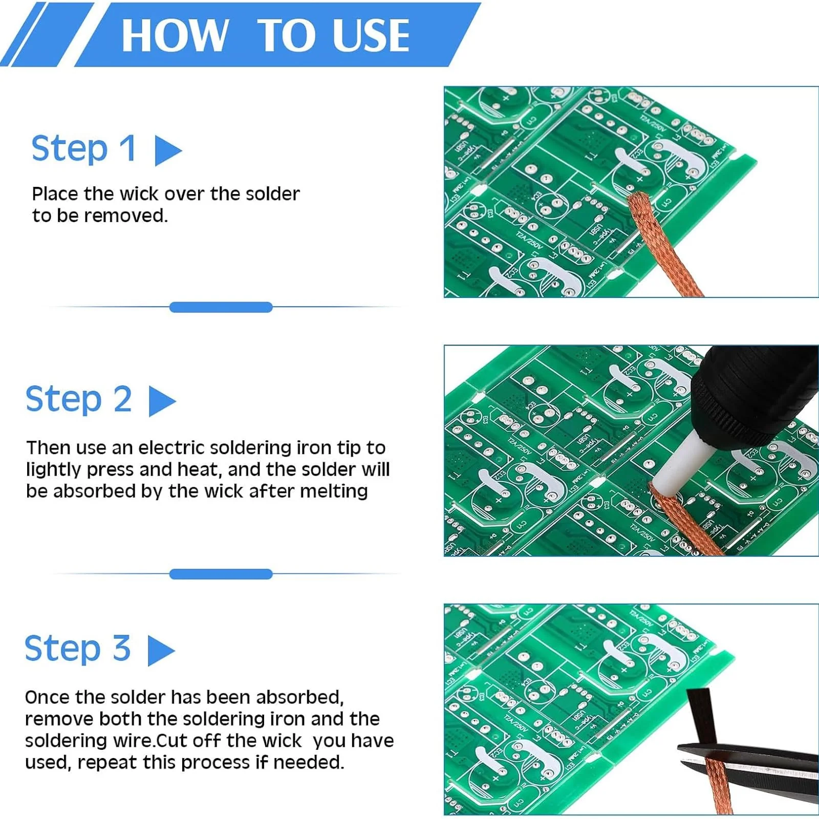 Pack of 3 Desoldering Braids - Copper Desoldering Wire (2.5 mm x 3 m, 3.0 mm x 3 m, 3.5 mm x 3 m) | Ideal for Desoldering and Removing Solder at Solder Points | High Thermal Conductivity Soldering - Image 5