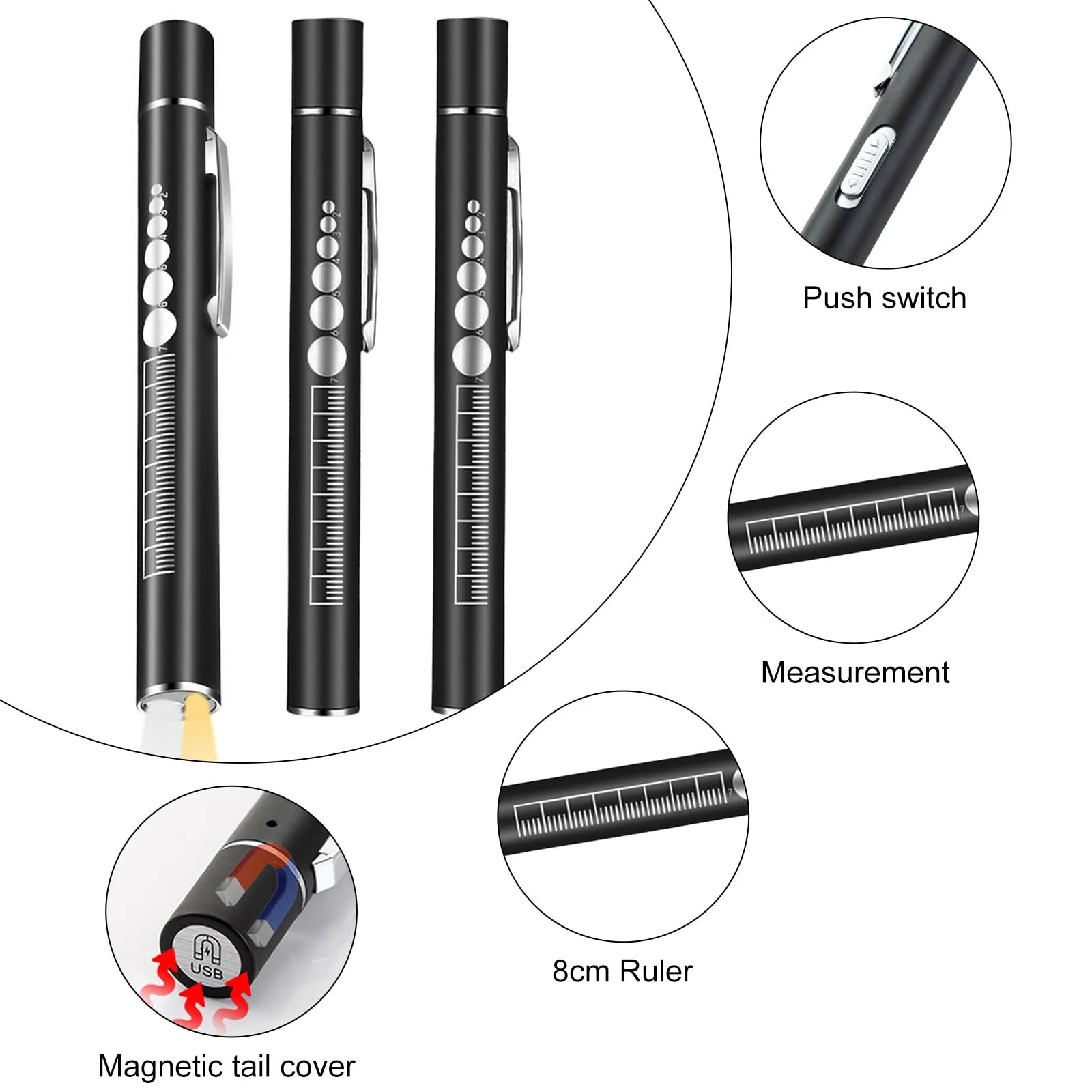 Pack of 3 Pupil Light Medicine Diagnostic Light Rechargeable USB Pen Lamp Pupil Light Emergency Service Accessories with Pupil Meter Ruler, Suitable for Nurses Doctors - Image 6