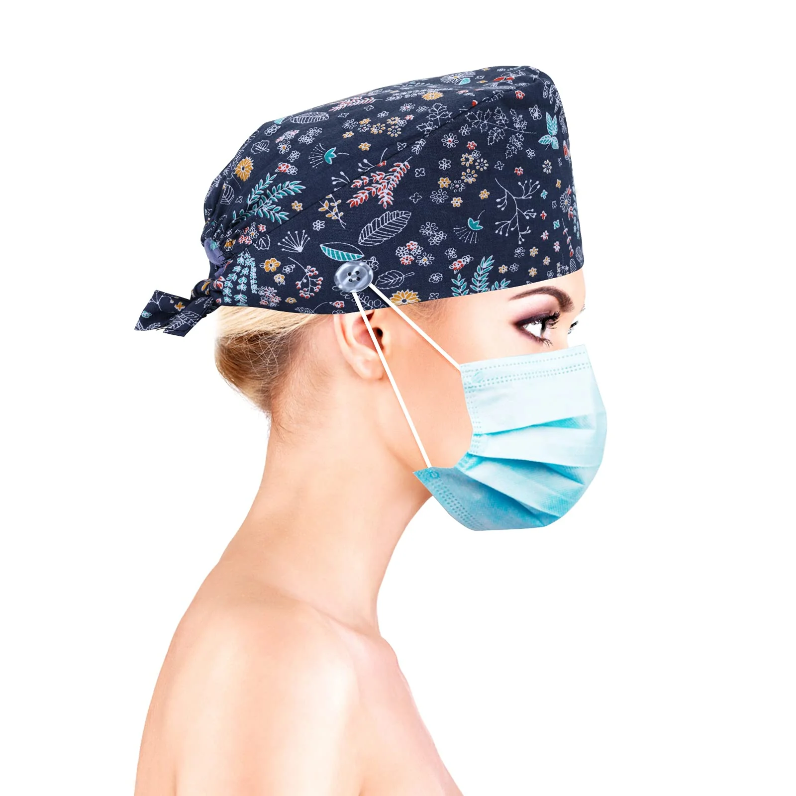 Pack of 3 Surgical Cap, Fabric Nurse Cap, Adjustable Surgical Hat, Buttons, Adjustable Work Cap with Sweatband Hoods, Bag Caps, Cotton Dust Cap, Printed Turban Hat, Fit - Image 4