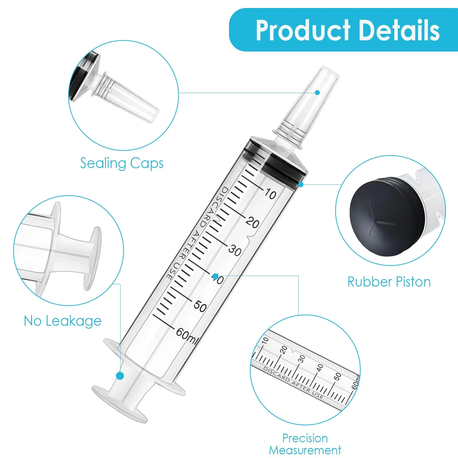 Pack of 3 Syringe 60 ml, Syringe with Hose, Disposable Syringes Large, Individually Packed Liquid Syringe, Reusable Plastic Syringes for Scientific Laboratories, Liquid Measurement - Image 4