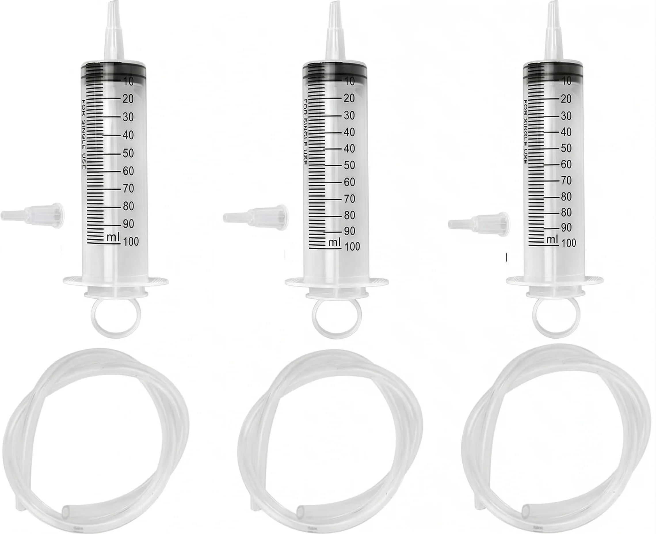 Pack of 3 Syringes 100 ml, Syringe with Hose, Dosing Syringe with Adapter, Large Syringe, Disposable Syringe 100 ml, Plastic Syringe for Science Laboratories, Garden, Industry and Factories