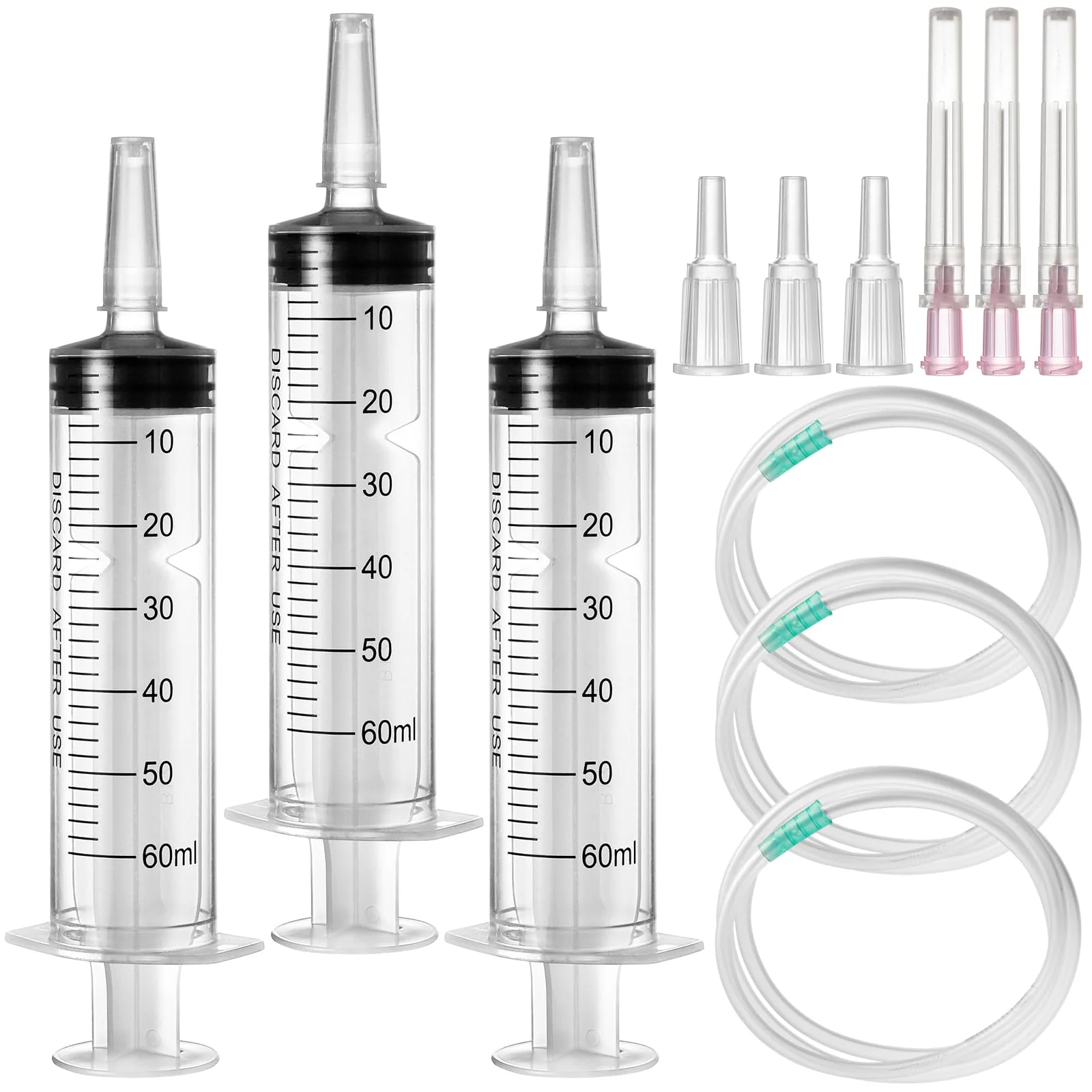 Pack of 3 Syringes 60 ml, Reusable Sterile Syringe with Hose, Syringe with Blunt Needle Dosing Syringe Plastic Syringe for Laboratory Animal Feeding Plant Watering, Individually Packed