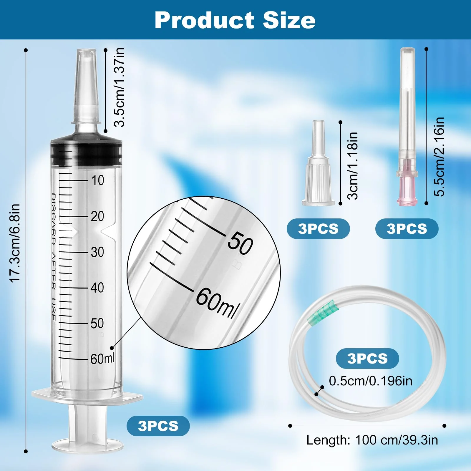 Pack of 3 Syringes 60 ml, Reusable Sterile Syringe with Hose, Syringe with Blunt Needle Dosing Syringe Plastic Syringe for Laboratory Animal Feeding Plant Watering, Individually Packed - Image 2