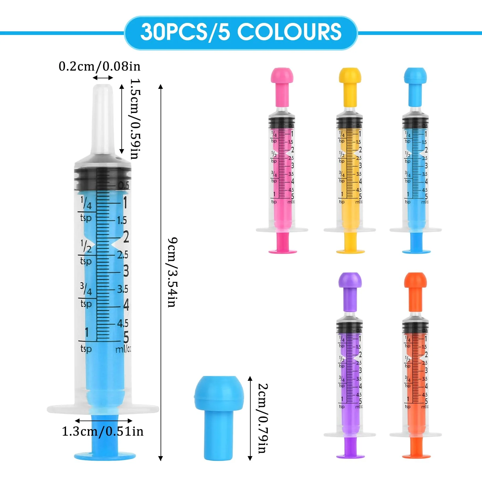 Pack of 30 Disposable Syringes, 5 ml, Plastic Syringe with Cap, Feeding Syringe Without Needle, Sterile Syringes for Animal Feeding, Refills, Liquids, 5 Colours - Image 2