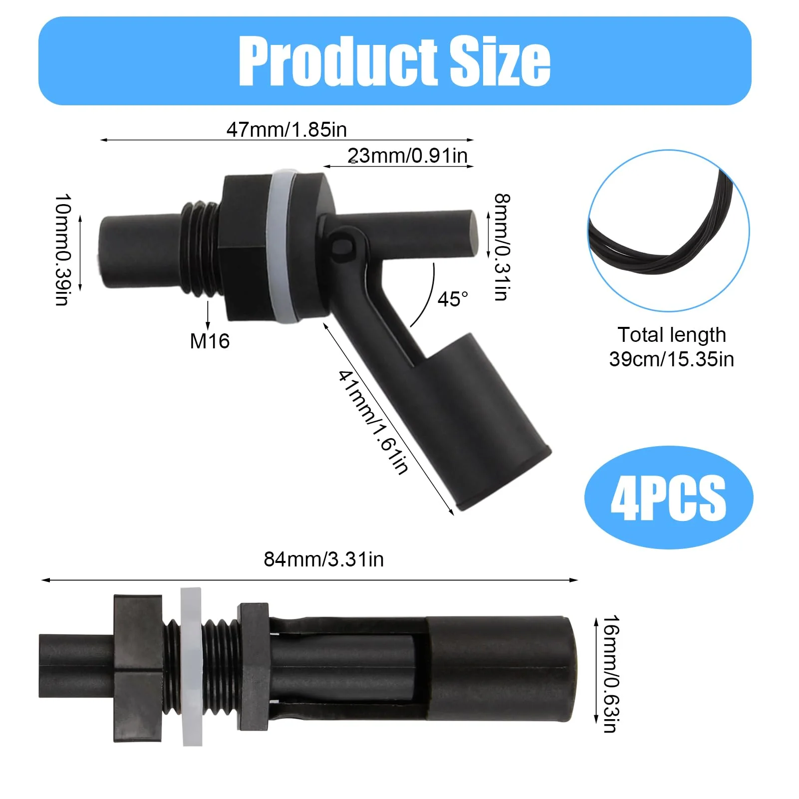 Pack of 4 Float Switch Water Level Sensor, Float Switch, Side Mounted Horizontal Float Switch, Liquid Float Switch for Tank, Pool, Horizontal, Aquarium - Image 2