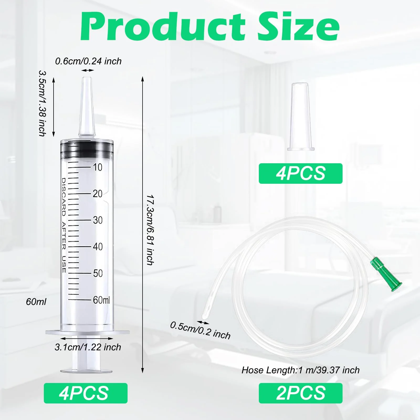 Pack of 4 Syringe Without Needle, 60 ml Large Colostrum Syringe, Sterile Liquid Dispensing Syringe, Graduated Plastic Syringe, Industrial Refill Syringe with 1 m Hose Caps for Liquid, Oil Suction - Image 2