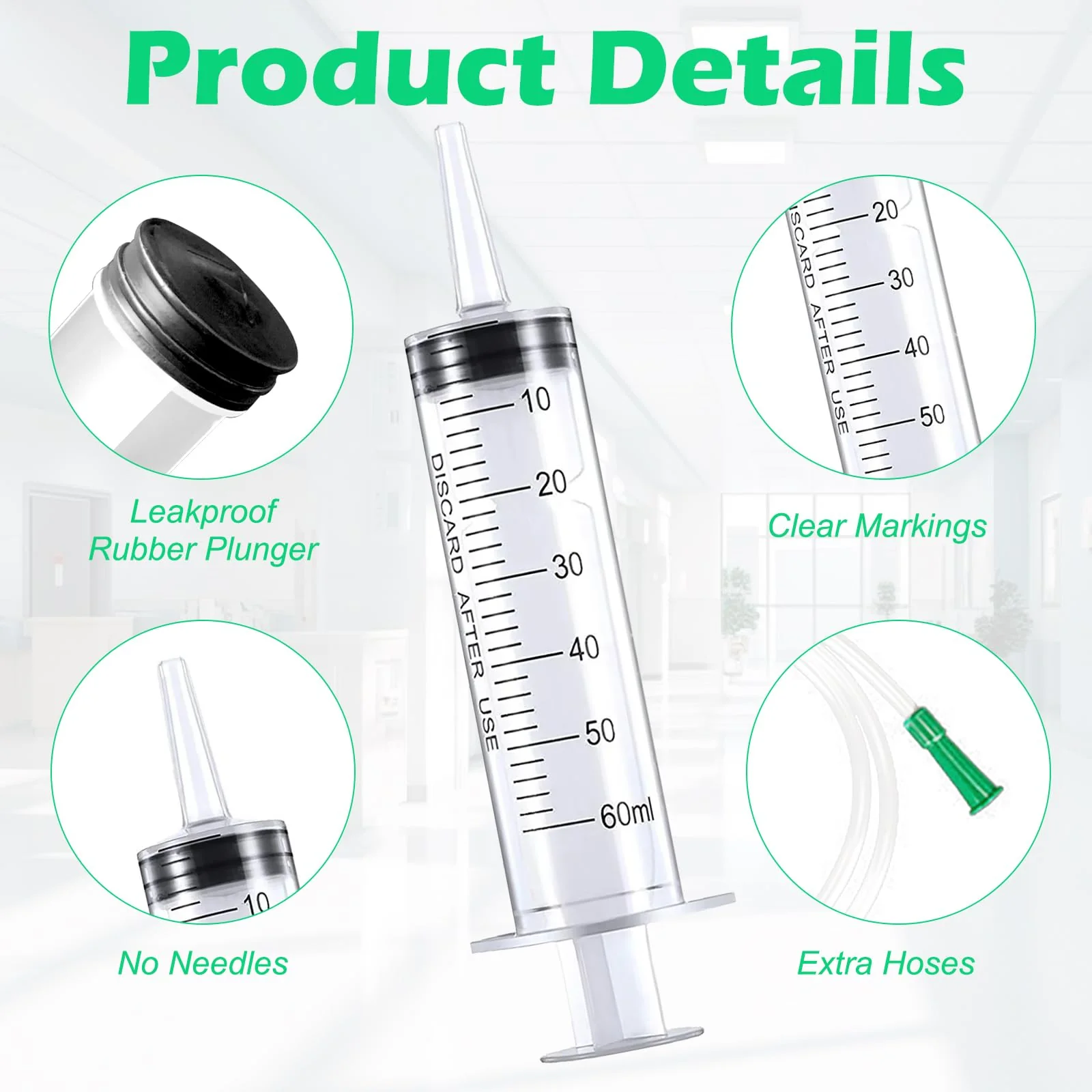 Pack of 4 Syringe Without Needle, 60 ml Large Colostrum Syringe, Sterile Liquid Dispensing Syringe, Graduated Plastic Syringe, Industrial Refill Syringe with 1 m Hose Caps for Liquid, Oil Suction - Image 3