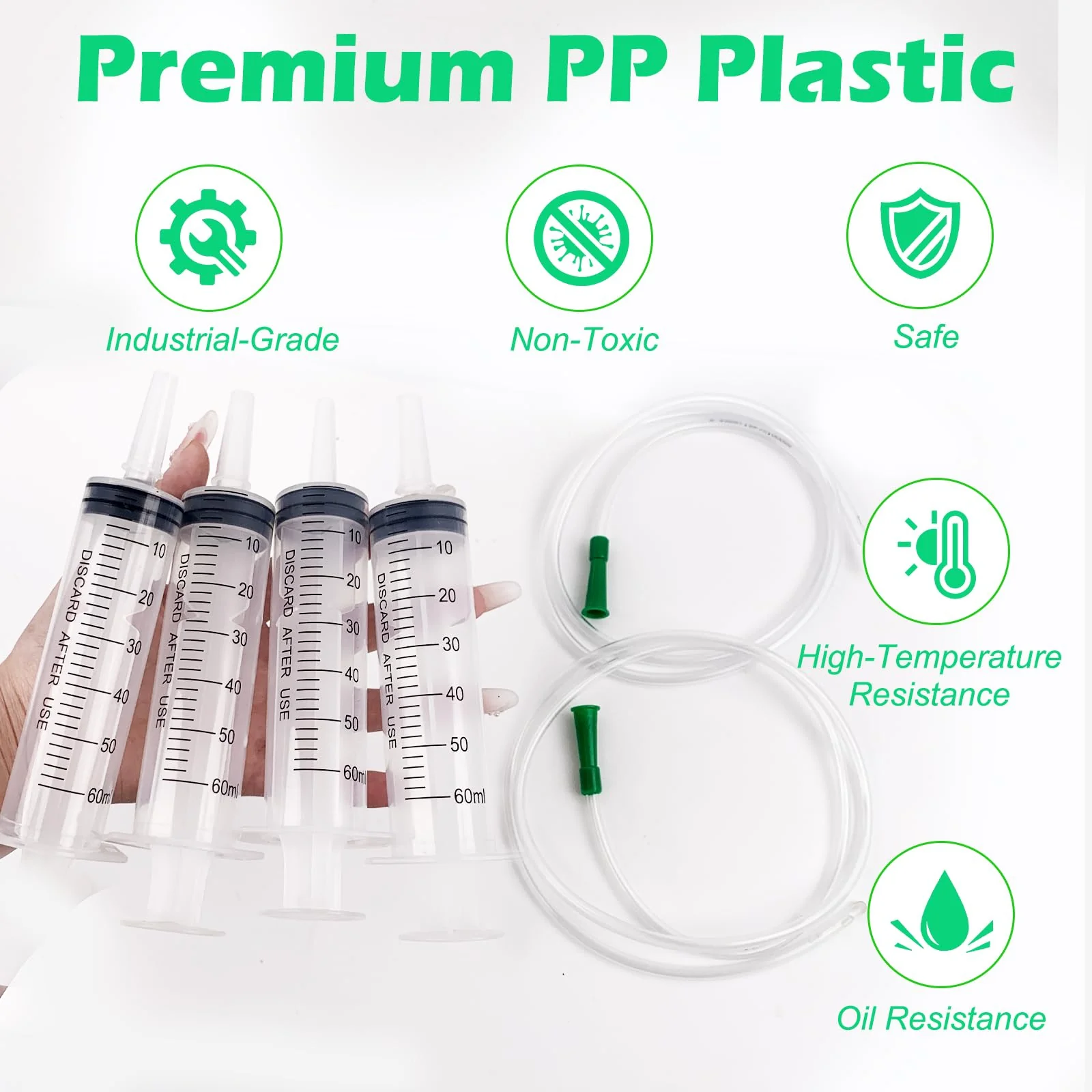 Pack of 4 Syringe Without Needle, 60 ml Large Colostrum Syringe, Sterile Liquid Dispensing Syringe, Graduated Plastic Syringe, Industrial Refill Syringe with 1 m Hose Caps for Liquid, Oil Suction - Image 4