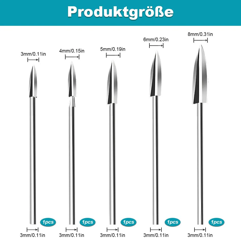 Pack of 5 HSS Wood Carving Tool Set, Compatible with Dremel & Other Rotary Tools, 3 mm Shaft for Precise Woodworking, Engraving & Drilling - Image 2