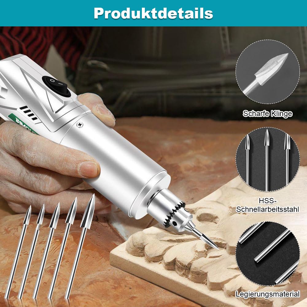 Pack of 5 HSS Wood Carving Tool Set, Compatible with Dremel & Other Rotary Tools, 3 mm Shaft for Precise Woodworking, Engraving & Drilling - Image 3