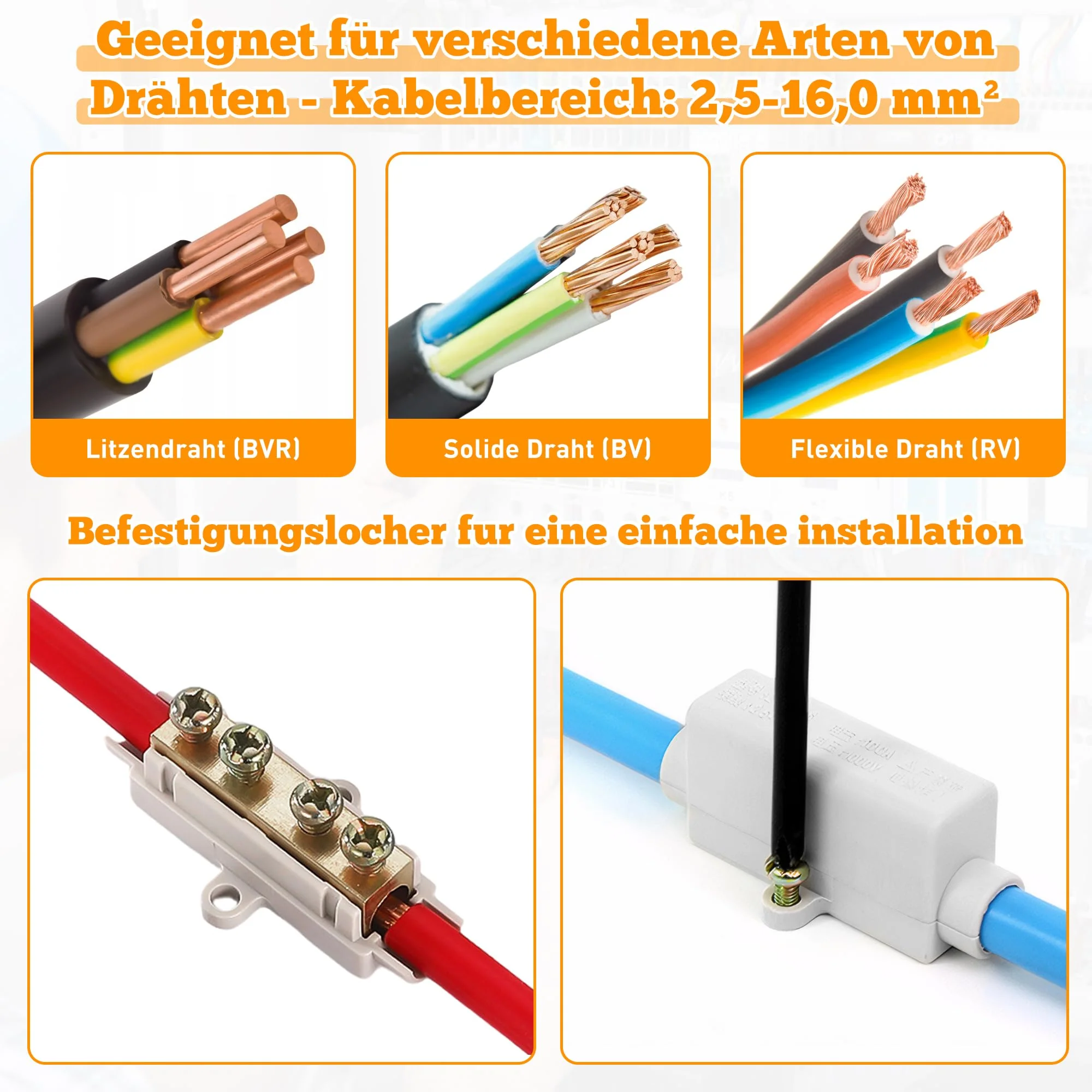 Pack of 5 wire connectors, cable connectors, terminal strips, electric luster terminals, 1000 V, 100 A, suitable for 2.5 to 16 mm² wire - Image 3