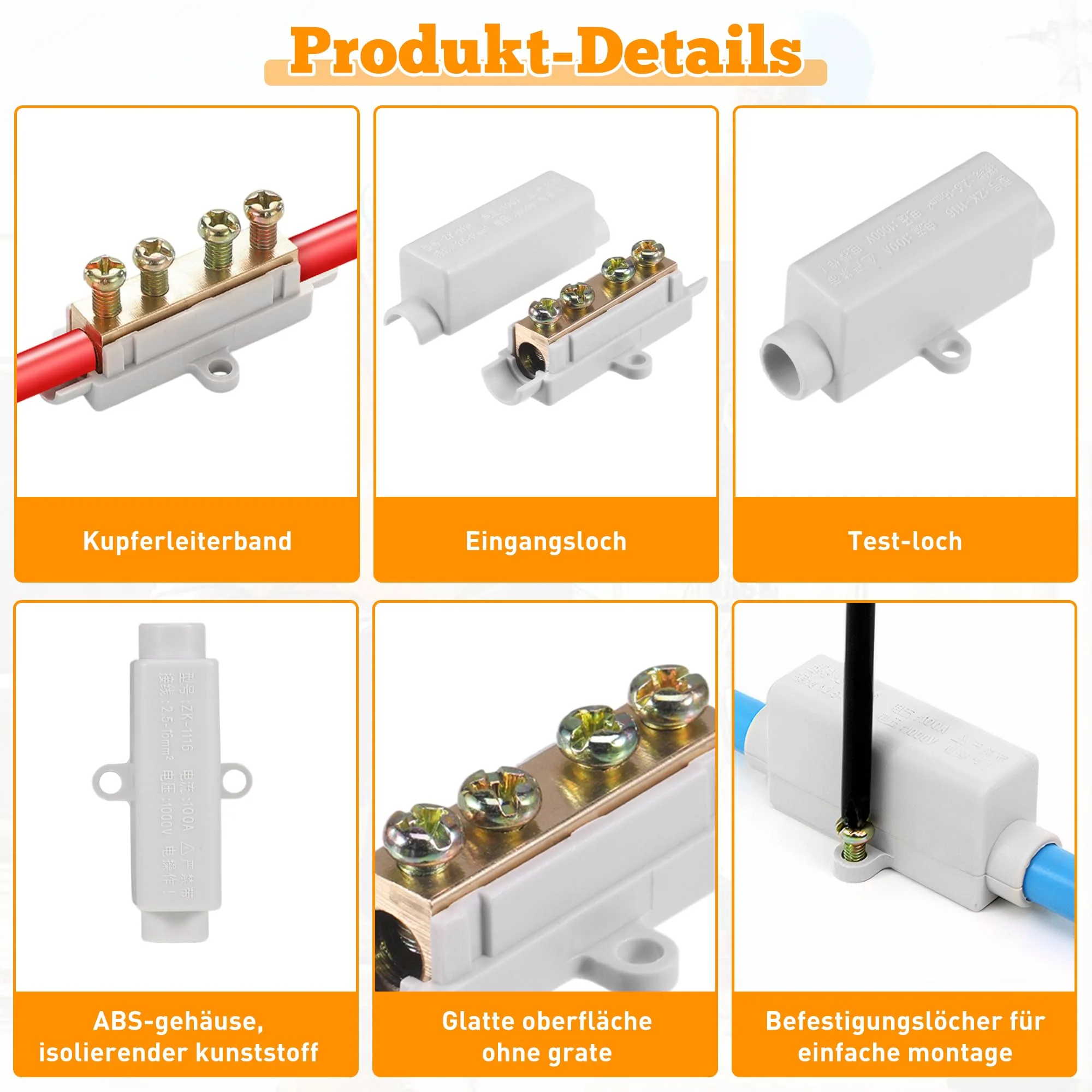Pack of 5 wire connectors, cable connectors, terminal strips, electric luster terminals, 1000 V, 100 A, suitable for 2.5 to 16 mm² wire - Image 4