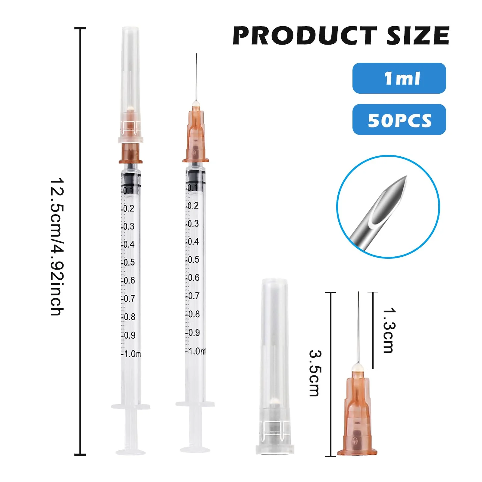 Pack of 50 1 ml Syringes, Plastic Syringes with Caps, Independent Seal Packaging, Minimum Scale 0.01 ml, for Feeding Animals, Liquid Measurement for Laboratory, Industrial Precision Application White - Image 2