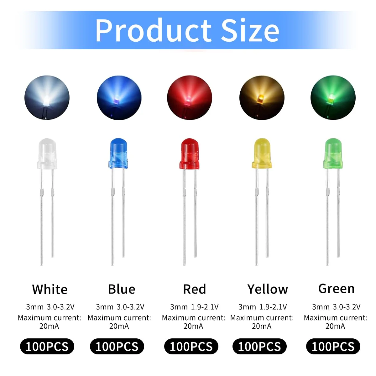 Pack of 500 LED Light Emitting Diodes 3 mm - 5 Colours (Red, Yellow, Blue, Green, White), Extra Bright, 20mA, 3V LED Diodes Assortment for Science, DIY, DIY & Electronics Projects - Image 2