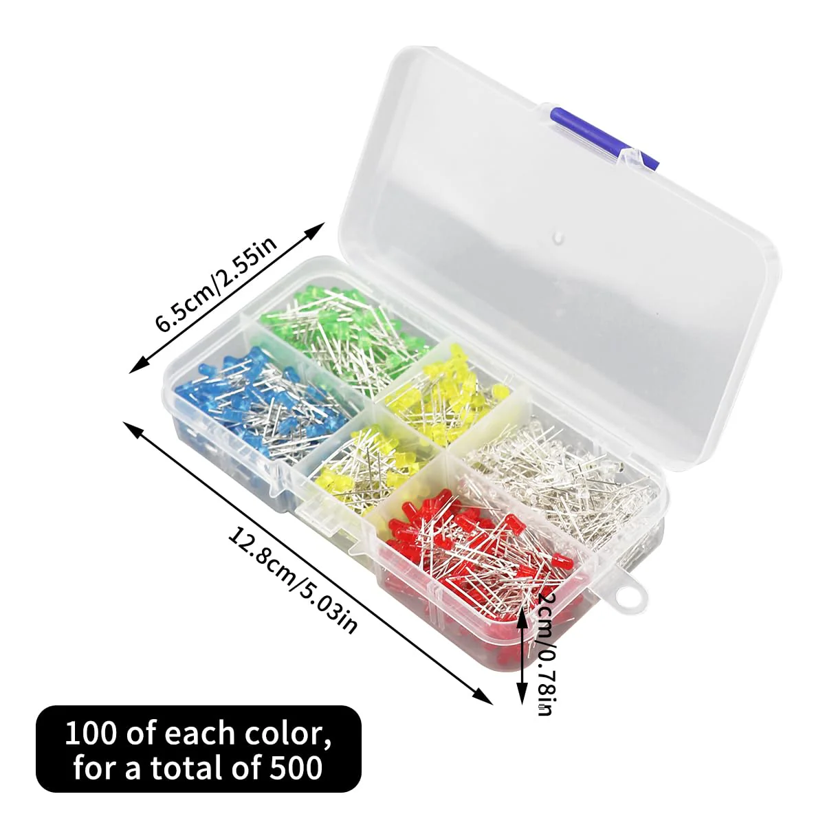 Pack of 500 LED Light Emitting Diodes 3 mm - 5 Colours (Red, Yellow, Blue, Green, White), Extra Bright, 20mA, 3V LED Diodes Assortment for Science, DIY, DIY & Electronics Projects - Image 7