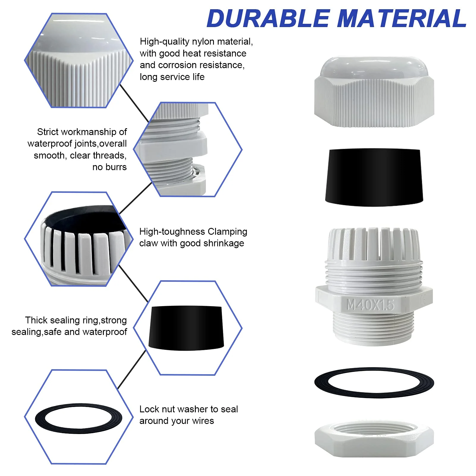 Pack of 6 Cable Glands M40 x 1.5, Bolatus Grey Cable Grommet IP68 Waterproof Fire Prevention Cable Glands with Locknut for Cable Guide M40 x 1,5 - Image 3