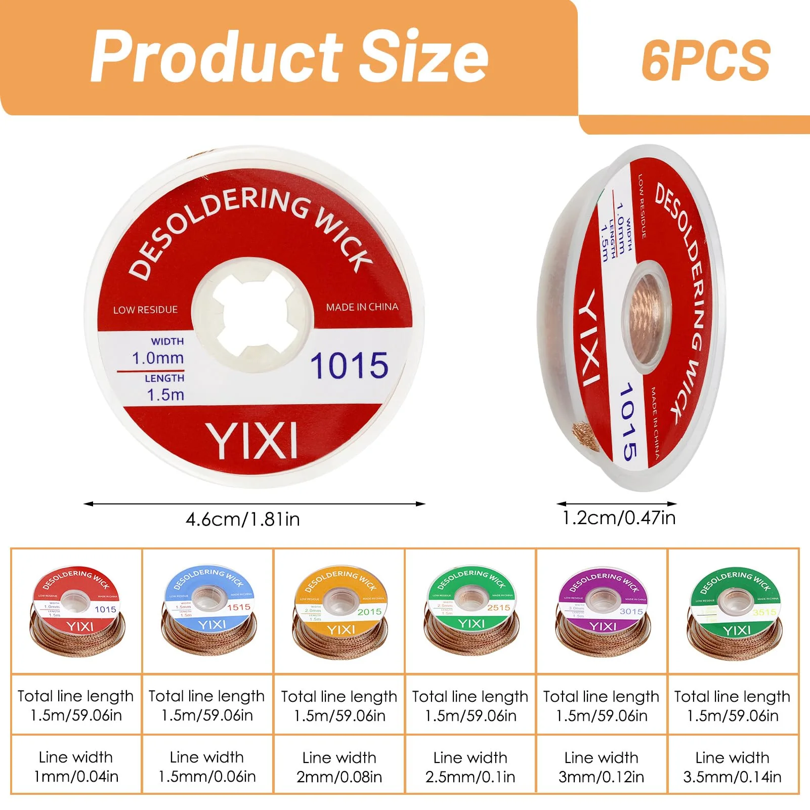 Pack of 6 Desoldering Wire, No-Clean Soldering Braid 1.5 m Copper Wire (1.0/1.5/2.0/2.5/3.0/3.5 mm) for Desoldering, Desoldering Wick for Removing Solder and Disassembling Electrical Components - Image 2