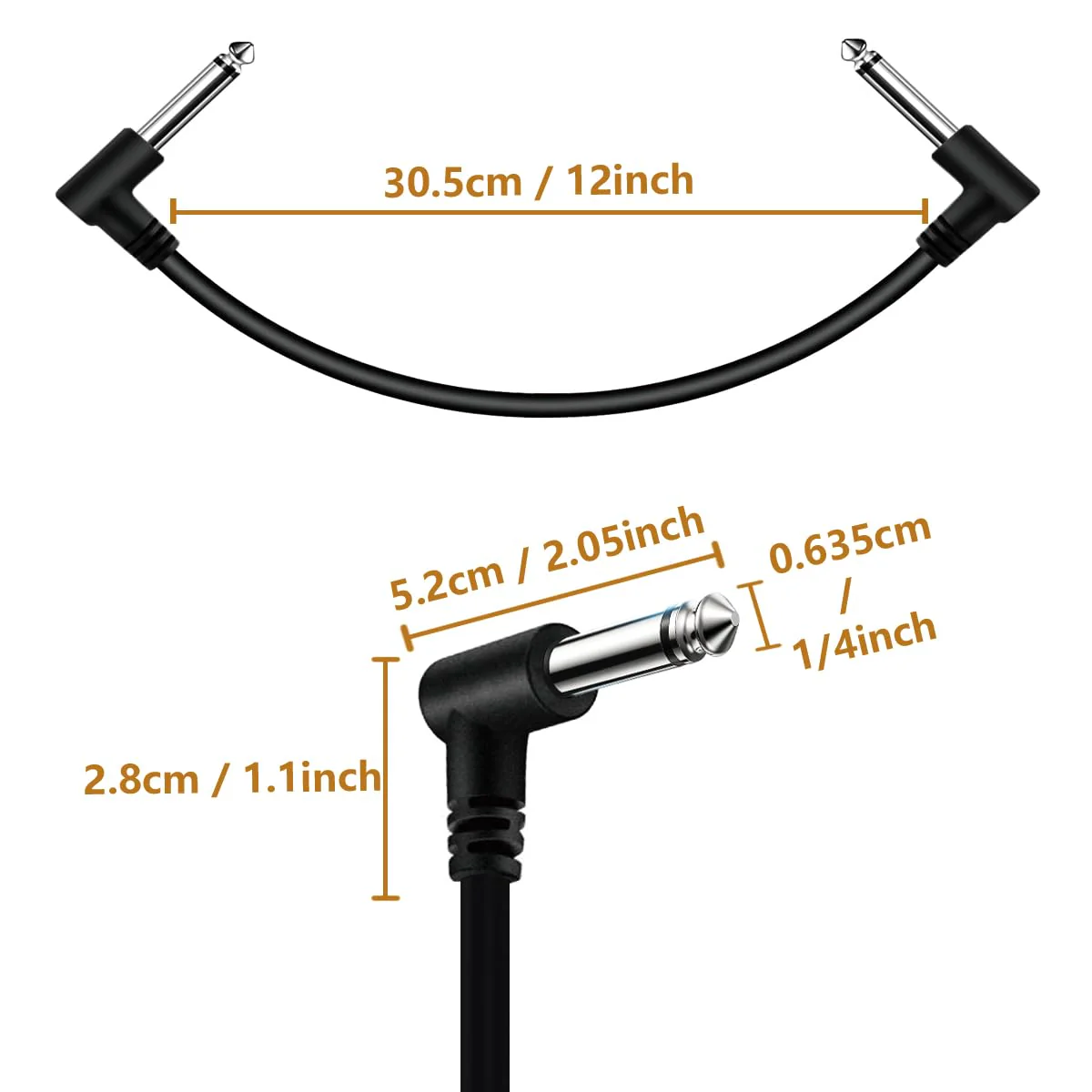 Pack of 8 Guitar Patch Cable for Effect Pedal Board 1/4" Right Angle TS Mono Cords (12 Inch-8 Pack) 12 Inch-8 Pack - Image 3