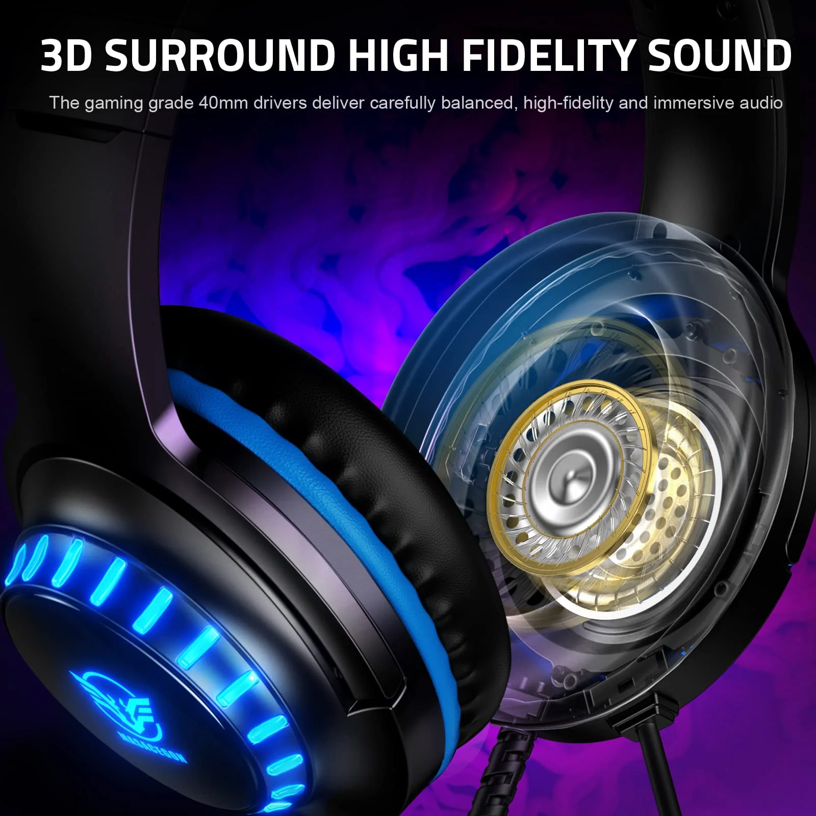 Pacrate Gaming Headset for PS5/PS4/Xbox One/Nintendo Switch/PC/Mac, PS5 Headset with Microphone Xbox Headset with LED Lights, Noise Cancelling PS4 Headset for Kids Adults - Blue - Image 3
