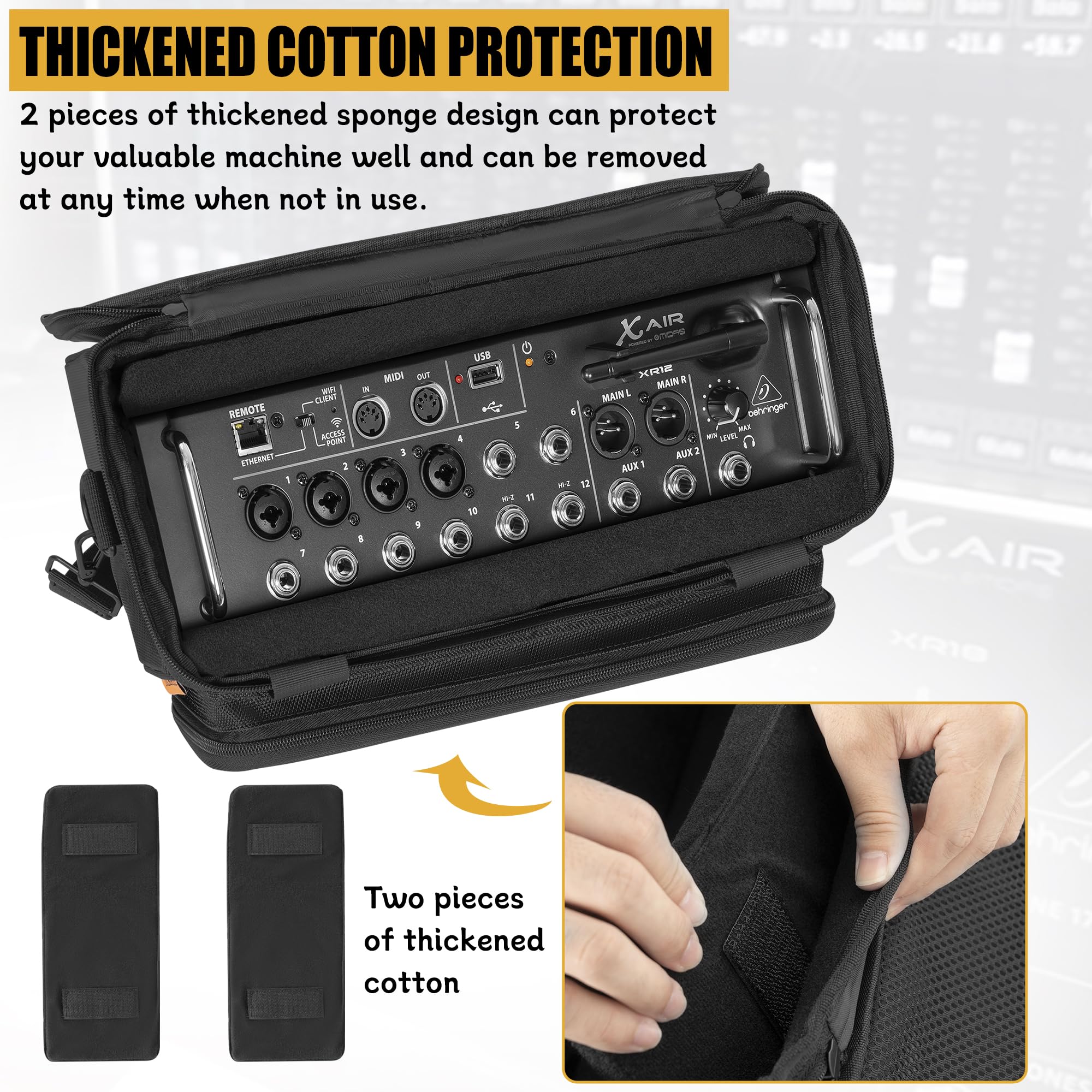 Padded Mixer Carry Bag Fits Behringer X-AIR Series Mixers（ XR12，XR16，XR18）, L 14.6" x W 7.5" x H 6.7" Black - Image 2