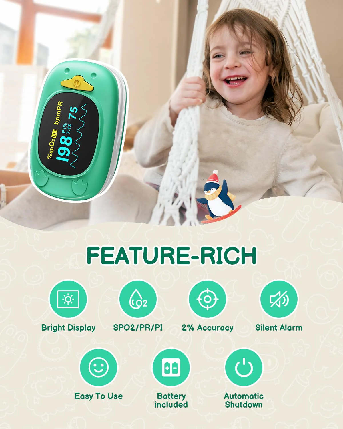 Paediatric Pulse Oximeter, HOLFENRY Oxygen Saturation Meter Finger for Children Pulse Oximeter Finger Oximeter Child-friendly Design Monitoring of SpO2, PI, Heart Rate grass green - Image 2