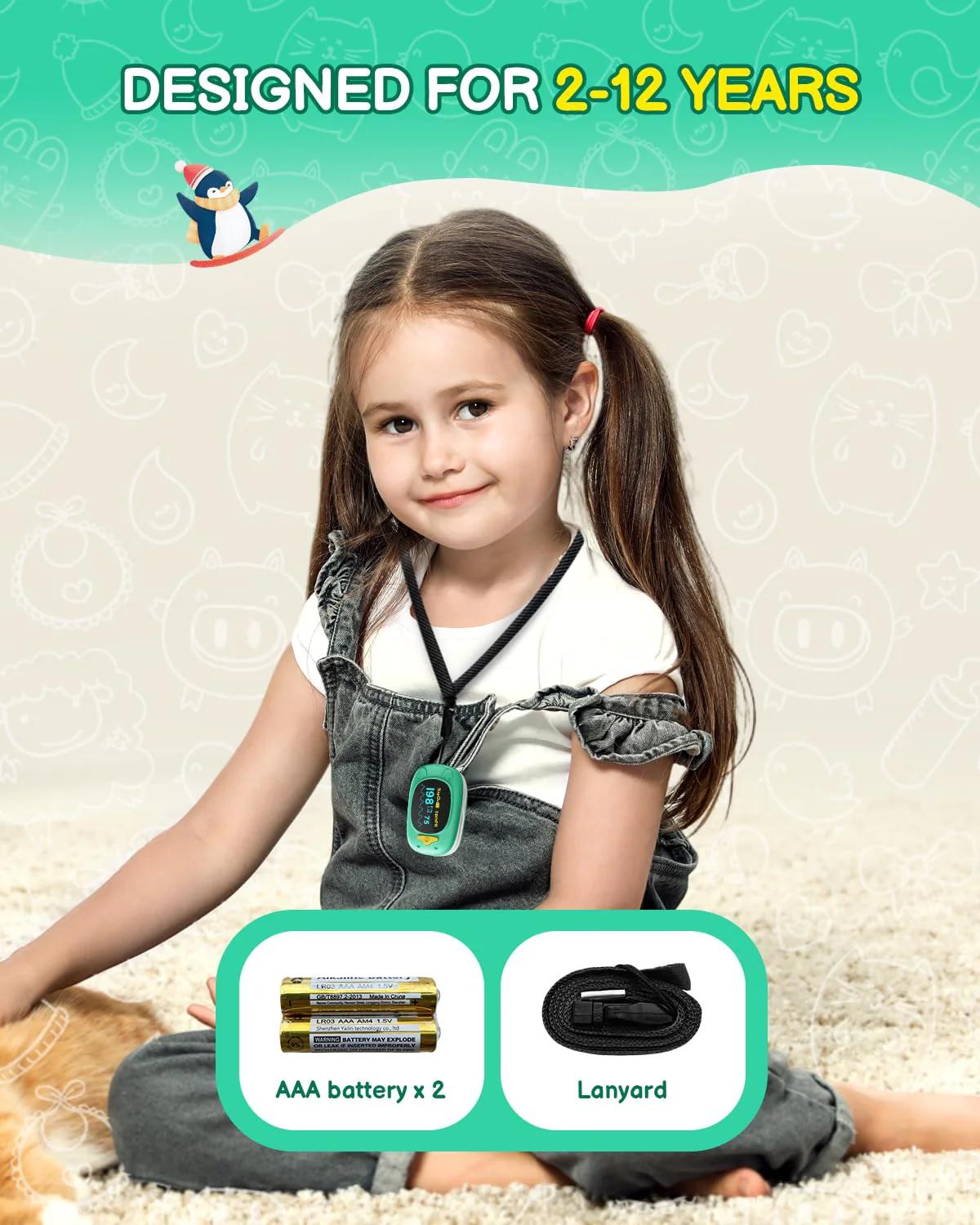Paediatric Pulse Oximeter, HOLFENRY Oxygen Saturation Meter Finger for Children Pulse Oximeter Finger Oximeter Child-friendly Design Monitoring of SpO2, PI, Heart Rate grass green - Image 3