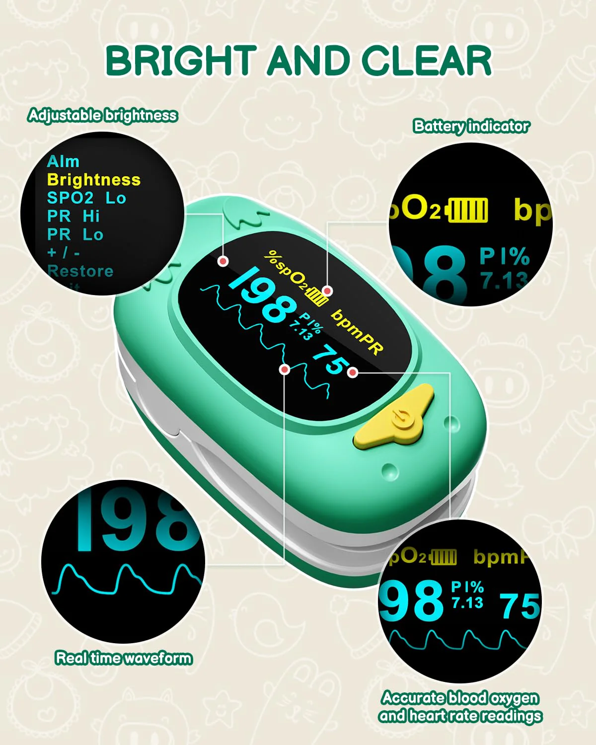 Paediatric Pulse Oximeter, HOLFENRY Oxygen Saturation Meter Finger for Children Pulse Oximeter Finger Oximeter Child-friendly Design Monitoring of SpO2, PI, Heart Rate grass green - Image 4