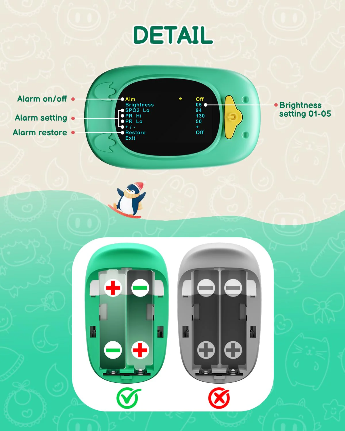Paediatric Pulse Oximeter, HOLFENRY Oxygen Saturation Meter Finger for Children Pulse Oximeter Finger Oximeter Child-friendly Design Monitoring of SpO2, PI, Heart Rate grass green - Image 5