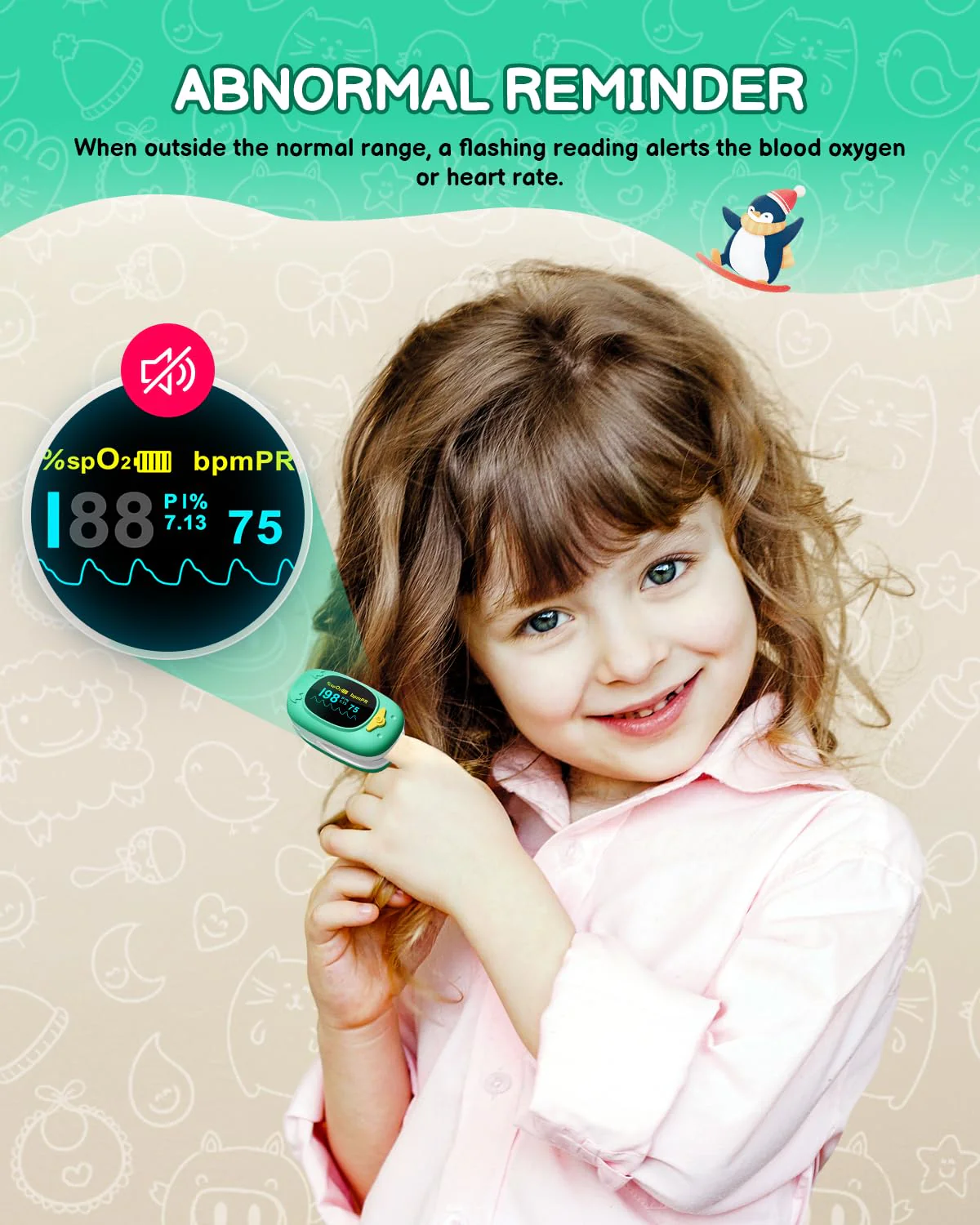 Paediatric Pulse Oximeter, HOLFENRY Oxygen Saturation Meter Finger for Children Pulse Oximeter Finger Oximeter Child-friendly Design Monitoring of SpO2, PI, Heart Rate grass green - Image 6