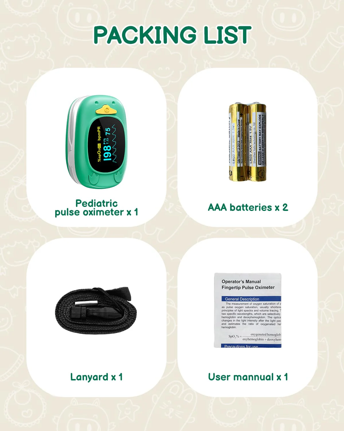 Paediatric Pulse Oximeter, HOLFENRY Oxygen Saturation Meter Finger for Children Pulse Oximeter Finger Oximeter Child-friendly Design Monitoring of SpO2, PI, Heart Rate grass green - Image 7
