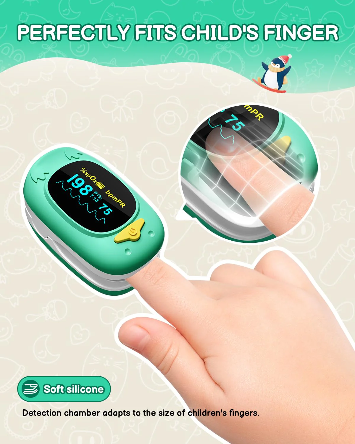 Paediatric Pulse Oximeter, HOLFENRY Oxygen Saturation Meter Finger for Children Pulse Oximeter Finger Oximeter Child-friendly Design Monitoring of SpO2, PI, Heart Rate grass green - Image 8
