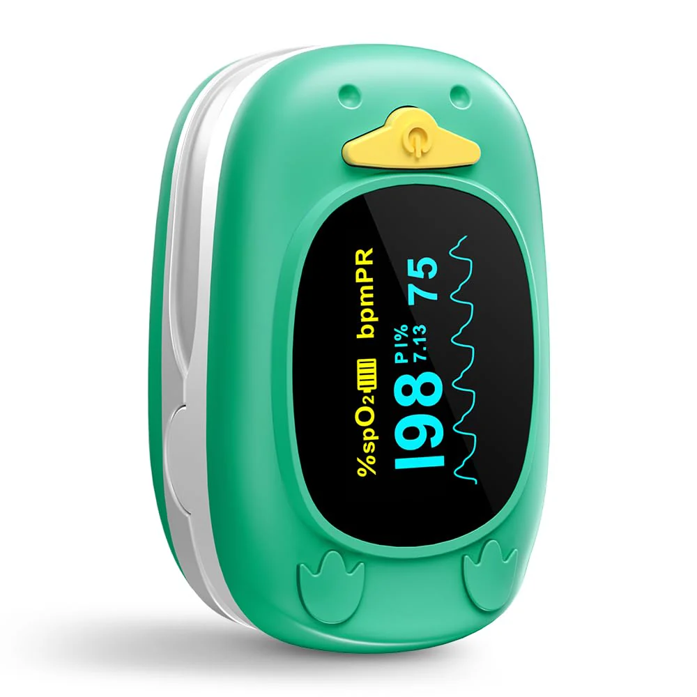 Paediatric Pulse Oximeter, HOLFENRY Oxygen Saturation Meter Finger for Children Pulse Oximeter Finger Oximeter Child-friendly Design Monitoring of SpO2, PI, Heart Rate grass green - Image 9