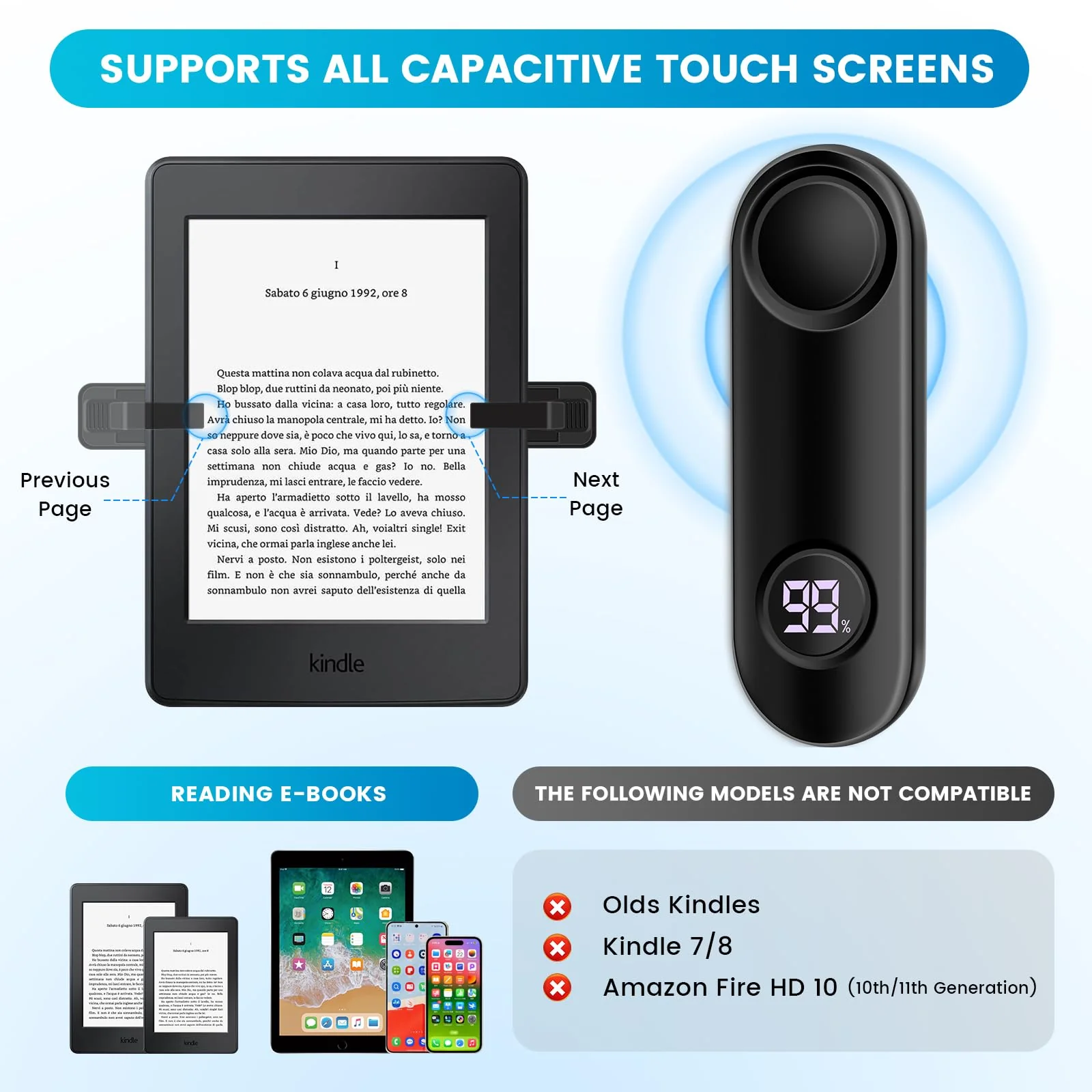 Page Turner for Kindle Paperwhite, RF Remote Control Clicker Page Turner Kindle Accessories for iPhone,iPad, Android Tablets Reading Novels,Camera Video Record&Shutter Selfie (Black) Black - Image 3