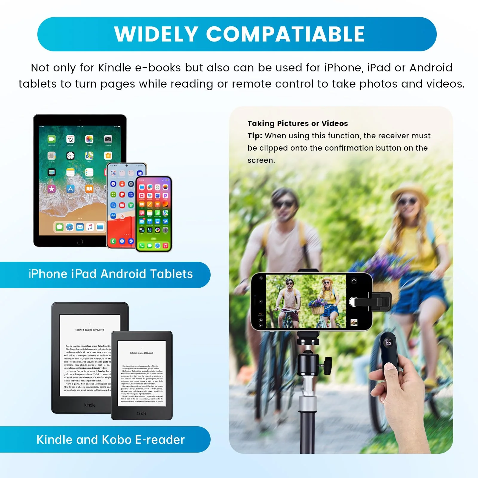 Page Turner for Kindle Paperwhite, RF Remote Control Clicker Page Turner Kindle Accessories for iPhone,iPad, Android Tablets Reading Novels,Camera Video Record&Shutter Selfie (Black) Black - Image 6