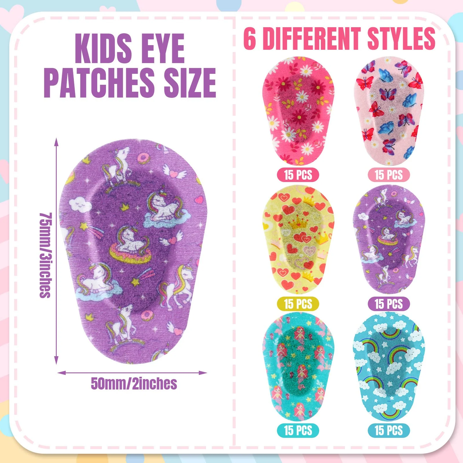 Panelee Adhesive Eye Patches for Kids Girls Designs Cotton Adhesive Bandages for Girls Toddler, 6 Styles(90 Pcs) 90 - Image 2
