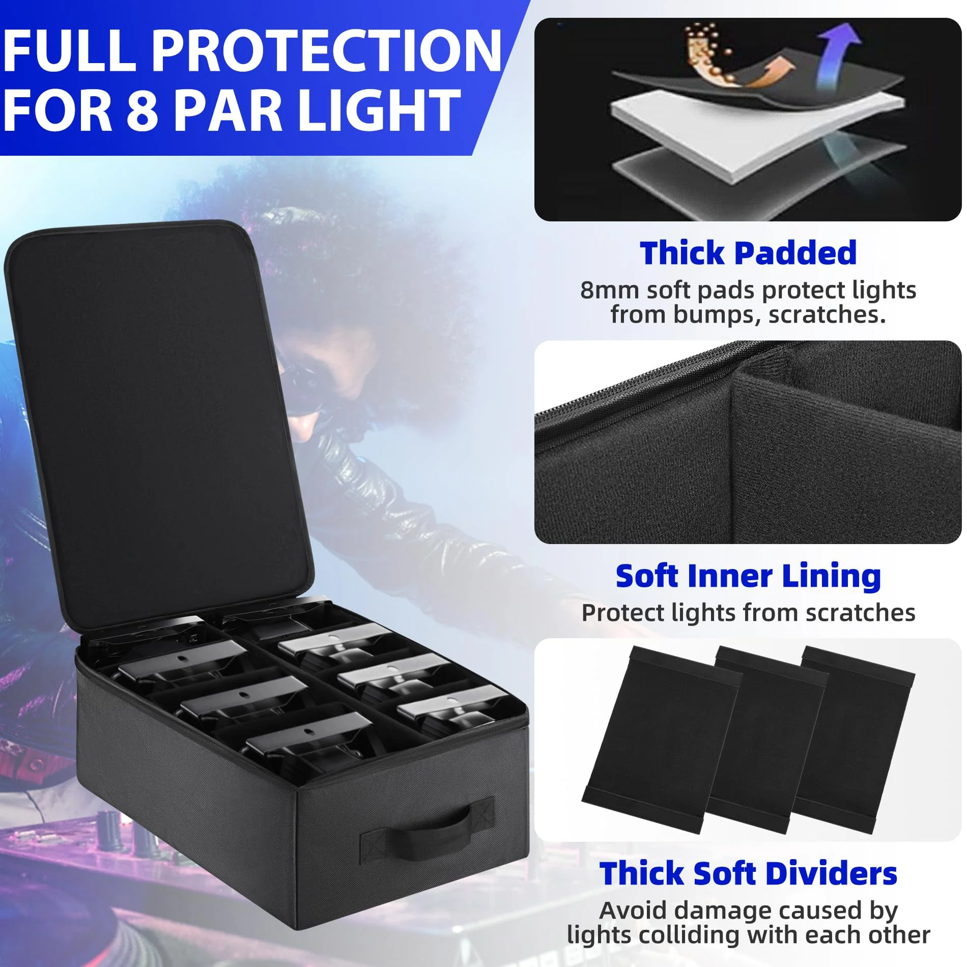 Par Light Bag Soft Padded for 8 Par Lights, Stage Lighting Case with Removable Dividers & Backpack-strap & Handle, Lights Bag with Large Pocket for Par Light, Spotlight, Led Light, DJ Light 8 Par Light Bag - Image 2
