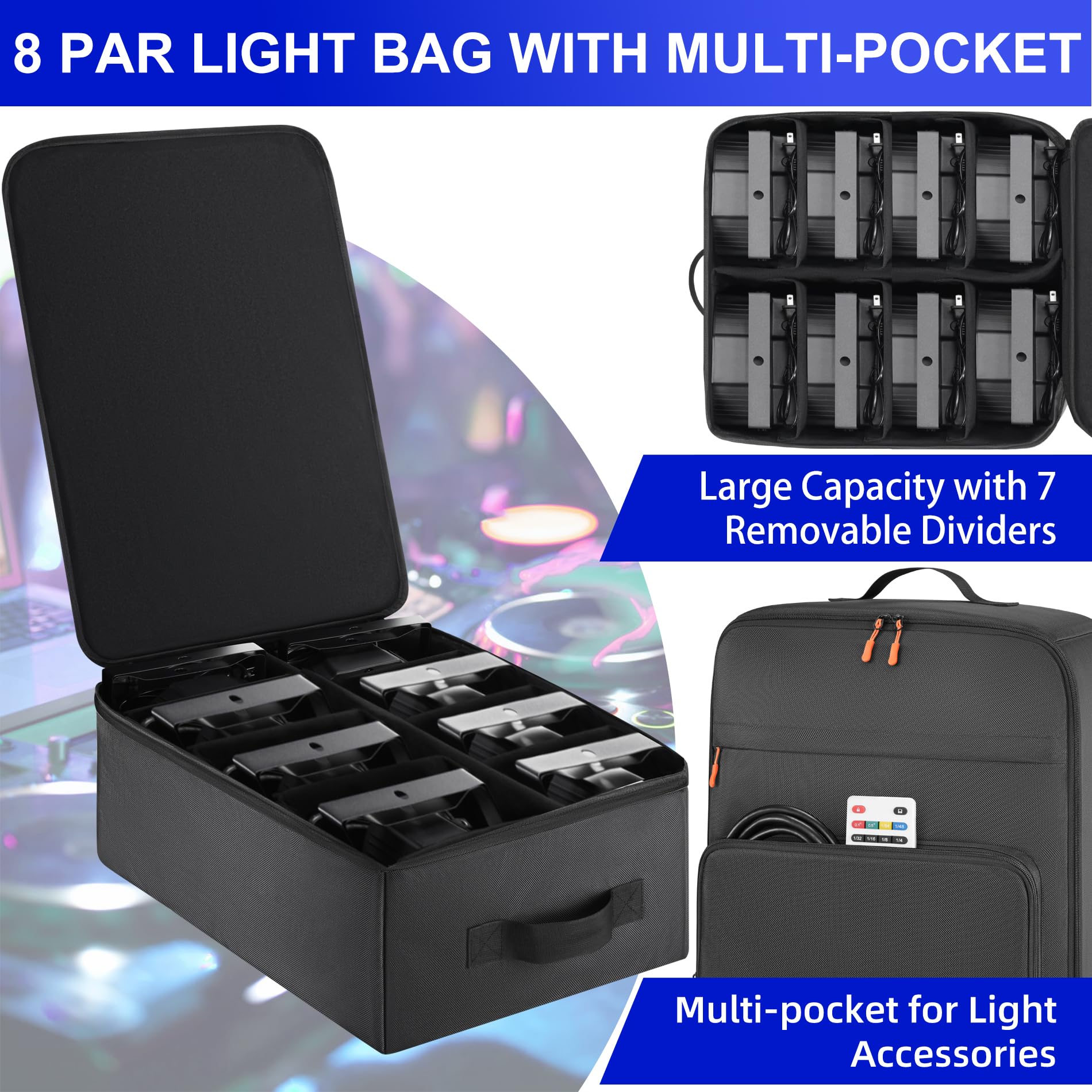 Par Light Bag Soft Padded for 8 Par Lights, Stage Lighting Case with Removable Dividers & Backpack-strap & Handle, Lights Bag with Large Pocket for Par Light, Spotlight, Led Light, DJ Light 8 Par Light Bag - Image 3
