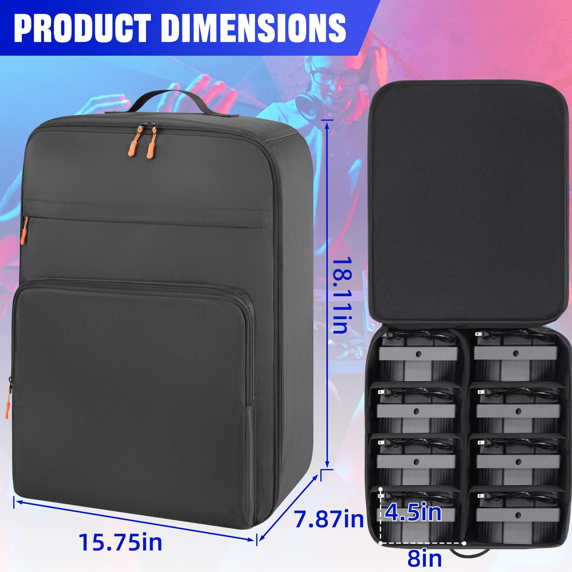 Par Light Bag Soft Padded for 8 Par Lights, Stage Lighting Case with Removable Dividers & Backpack-strap & Handle, Lights Bag with Large Pocket for Par Light, Spotlight, Led Light, DJ Light 8 Par Light Bag - Image 6