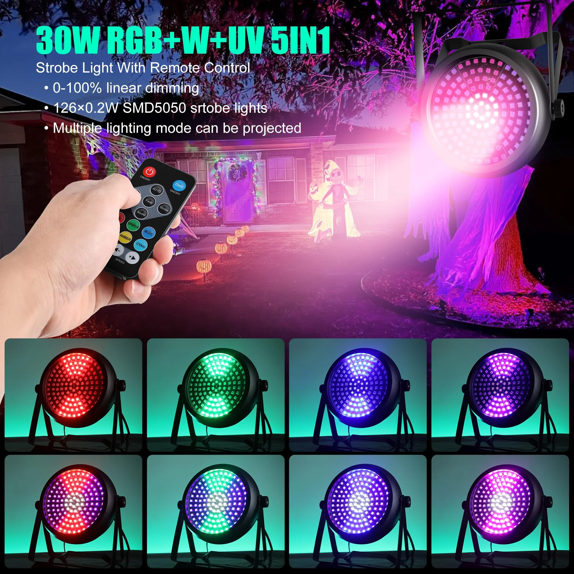 Party Strobe Light,30W 126 LEDs RGB+W+UV 5IN1 Strobe Lights for Parties DJ Par Can Lights with Remote Control Sound Activated&Speed Control DJ Uplights for Birthday Party Halloween Festival 1Pack Strobe Light - Image 2
