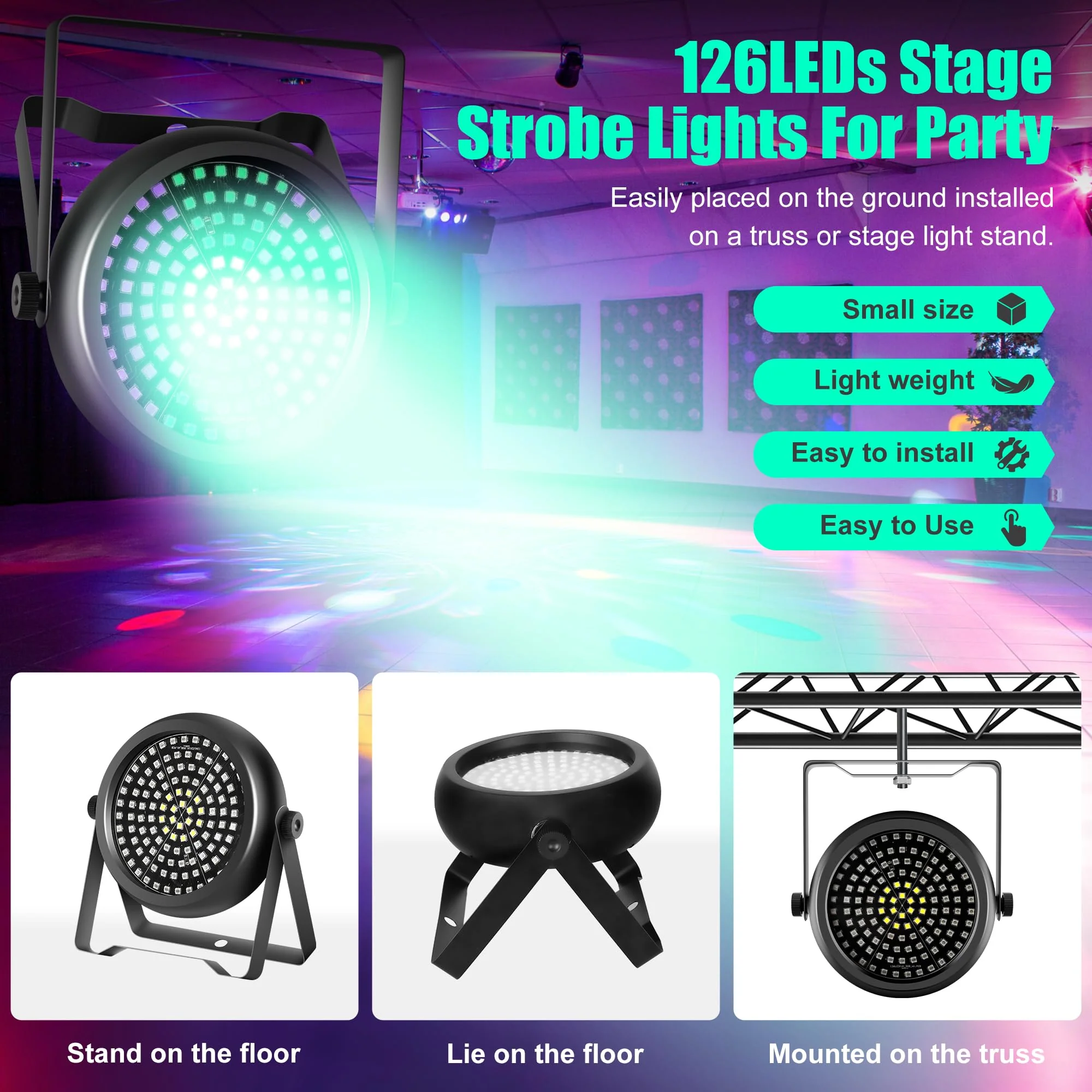Party Strobe Light,30W 126 LEDs RGB+W+UV 5IN1 Strobe Lights for Parties DJ Par Can Lights with Remote Control Sound Activated&Speed Control DJ Uplights for Birthday Party Halloween Festival 1Pack Strobe Light - Image 5